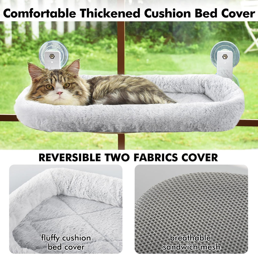 Cordless Cat Window Perch, Cat Hammock for Wall with 4 Strong Suction Cups, Solid Metal Frame and Two Replaceable