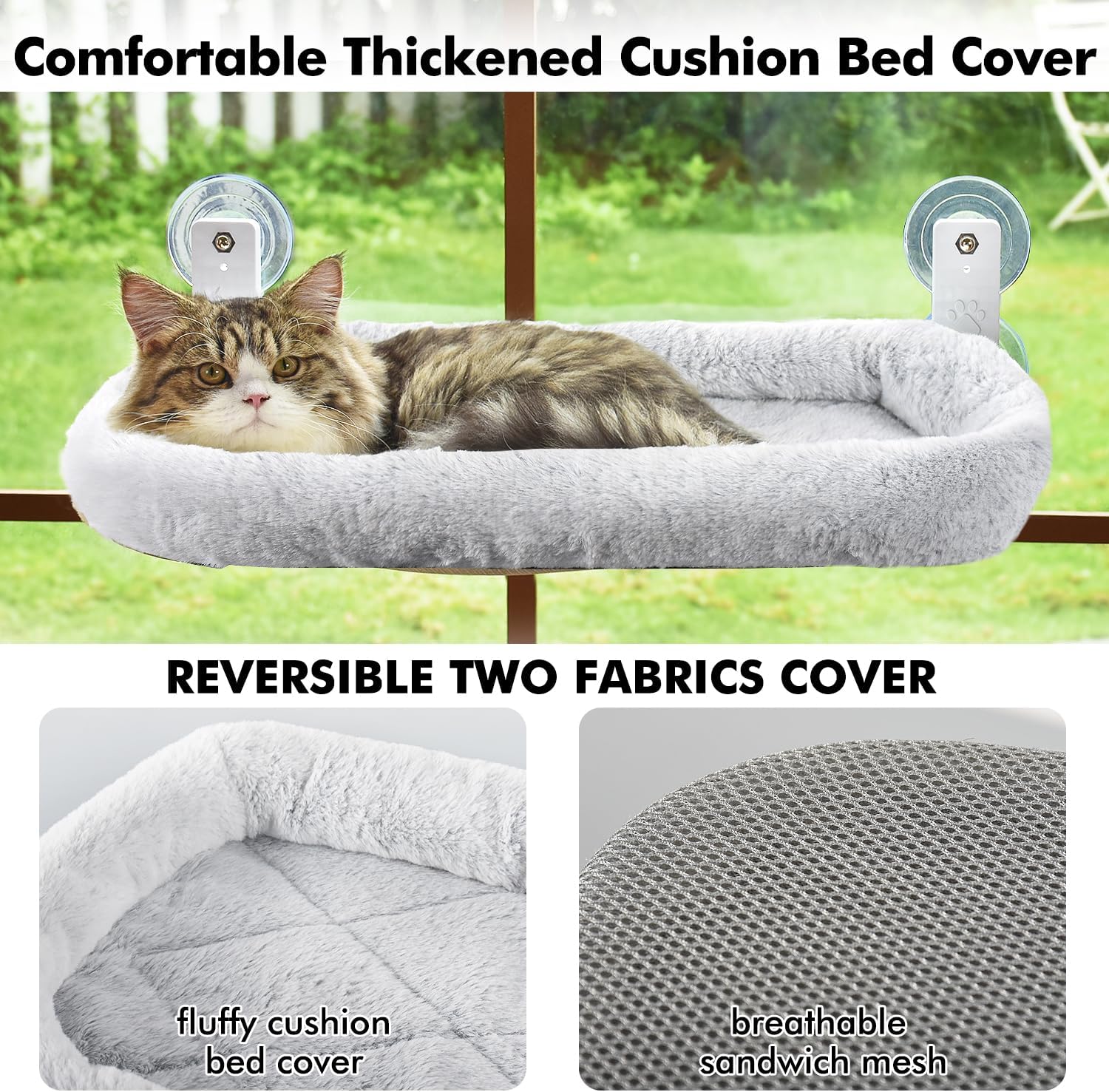 Cordless Cat Window Perch, Cat Hammock for Wall with 4 Strong Suction Cups, Solid Metal Frame and Two Replaceable