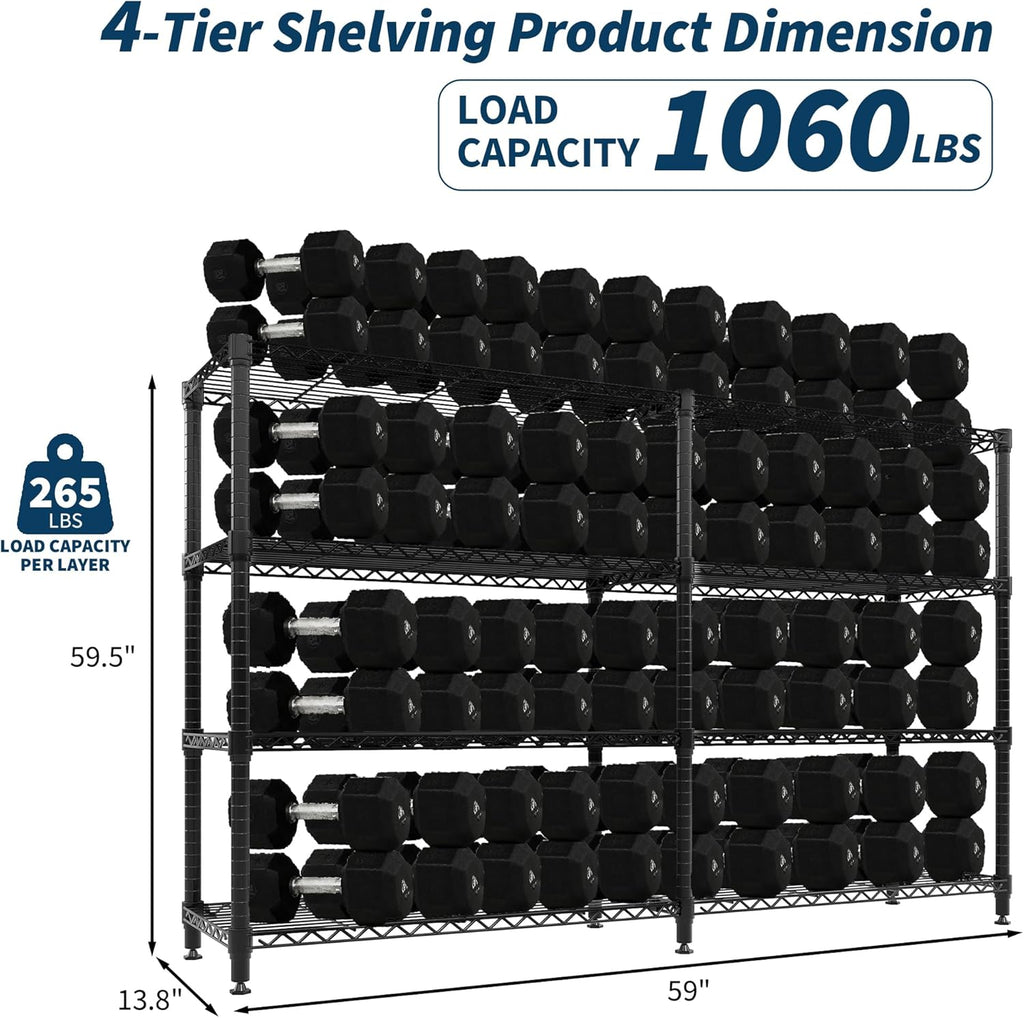 Metal Storage Shelves 4-Tiers, Standing Garage Shelving Unit 59"W x 13.8"D x 59.5"H, Heavy Duty Wire Shelving Rack
