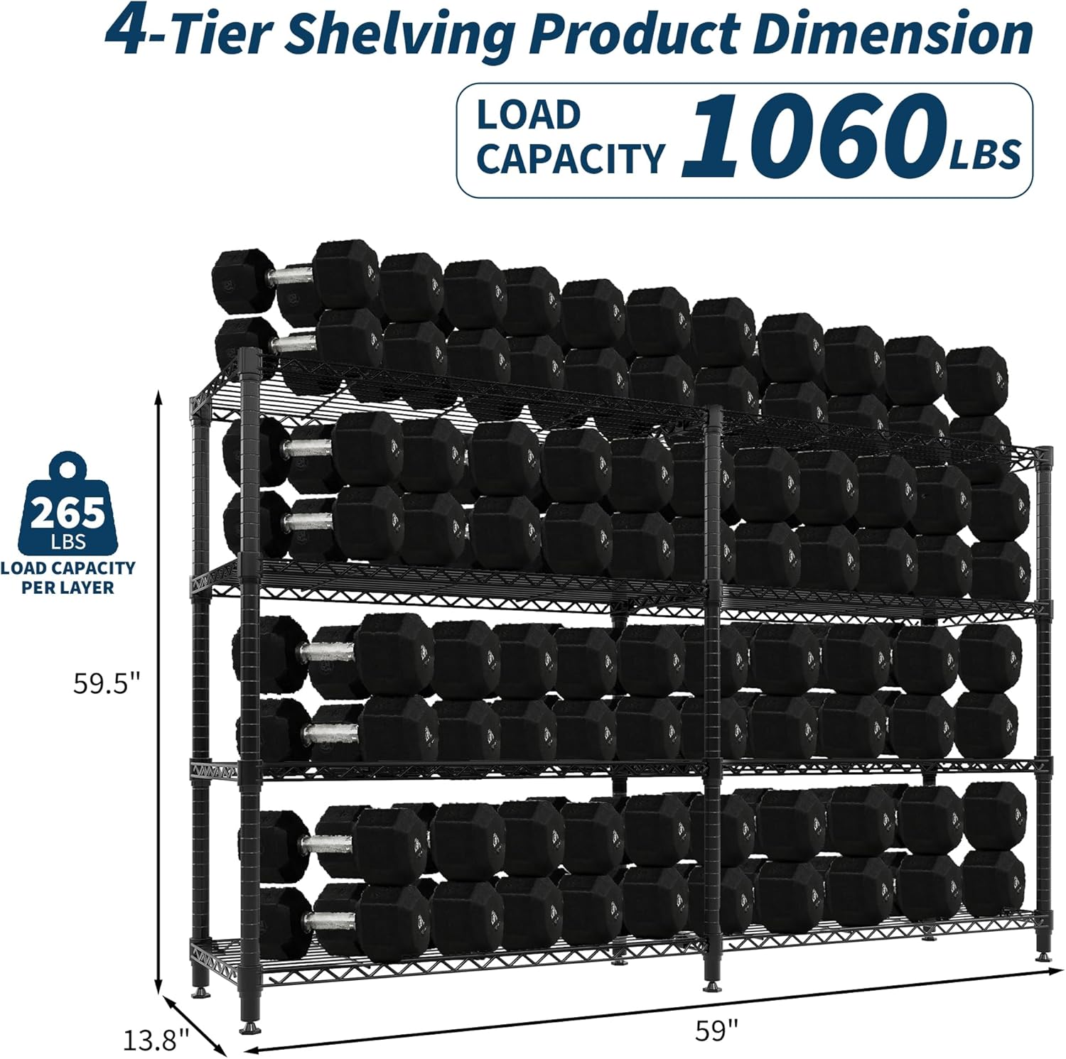 Metal Storage Shelves 4-Tiers, Standing Garage Shelving Unit 59"W x 13.8"D x 59.5"H, Heavy Duty Wire Shelving Rack