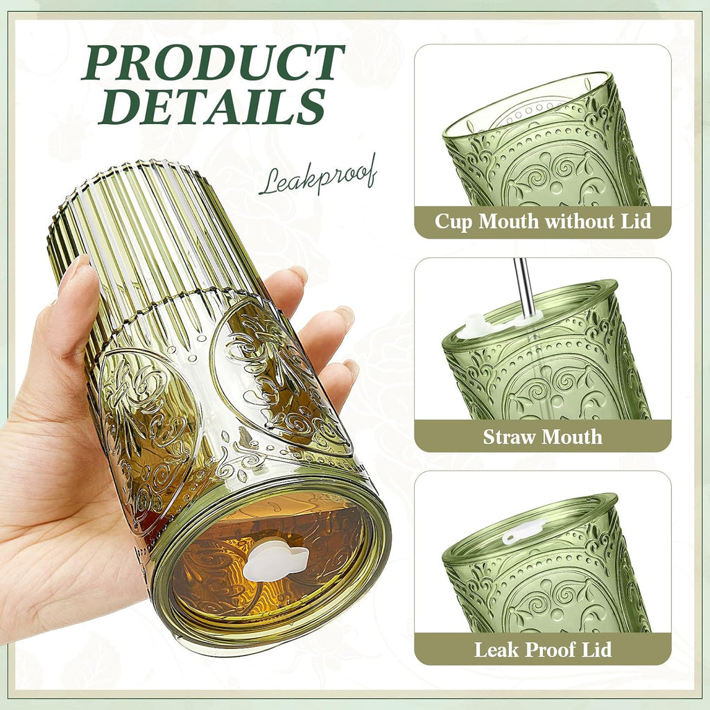 8 Set 20oz Vintage Plastic Tumbler with Lids and Straws Ribbed Floral Drinking Glasses Reusable Iced Coffee Cups for