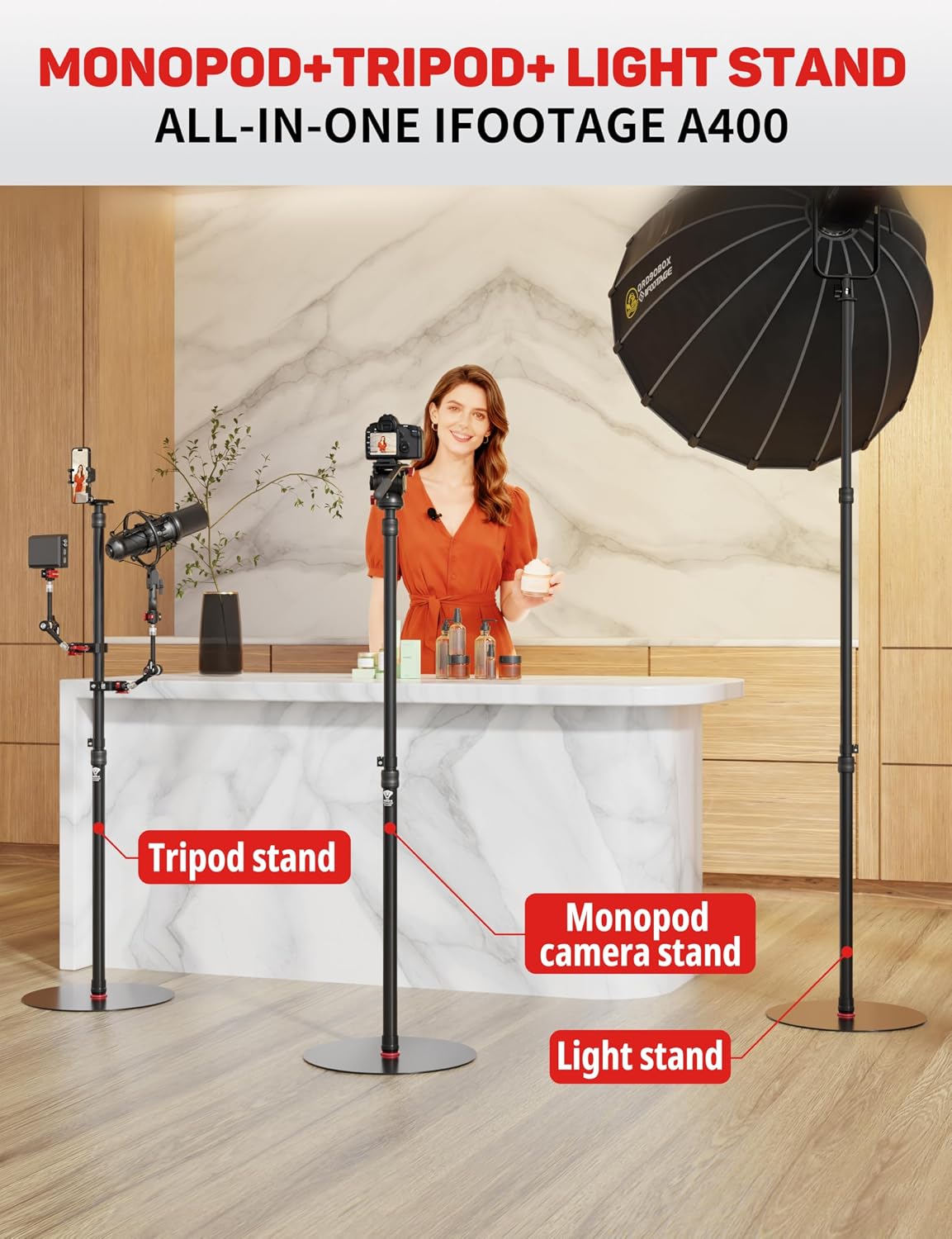 A400 Round Base Monopod(3 Pack) - 79'' Light Stand Photography, Aluminum Camera Floor Stand for DSLR Camera, Light