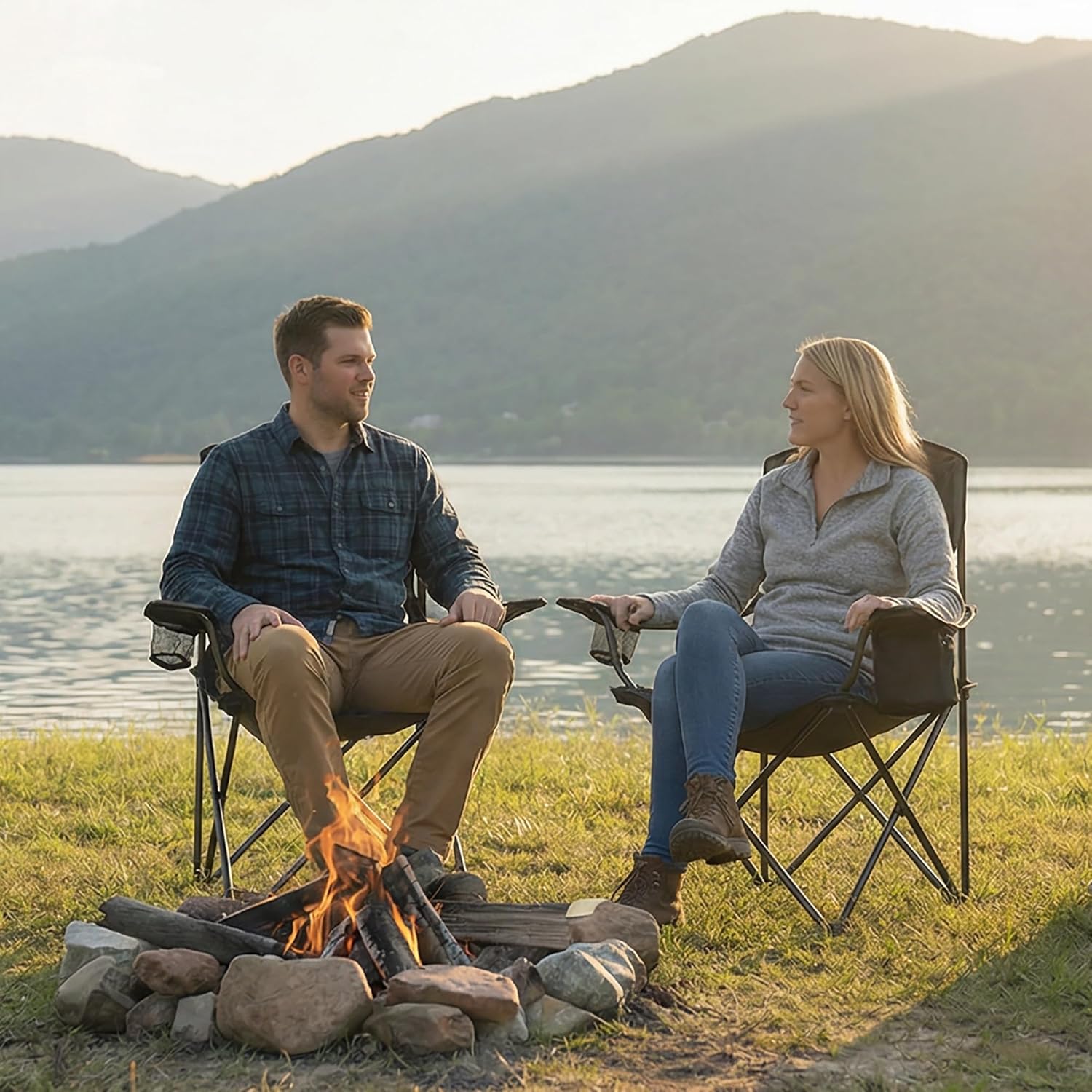 2-Pack Folding Camping Chair with Cooler Bag & Lumbar Support | Durable steel frame & Oxford fabric. Features 4-can
