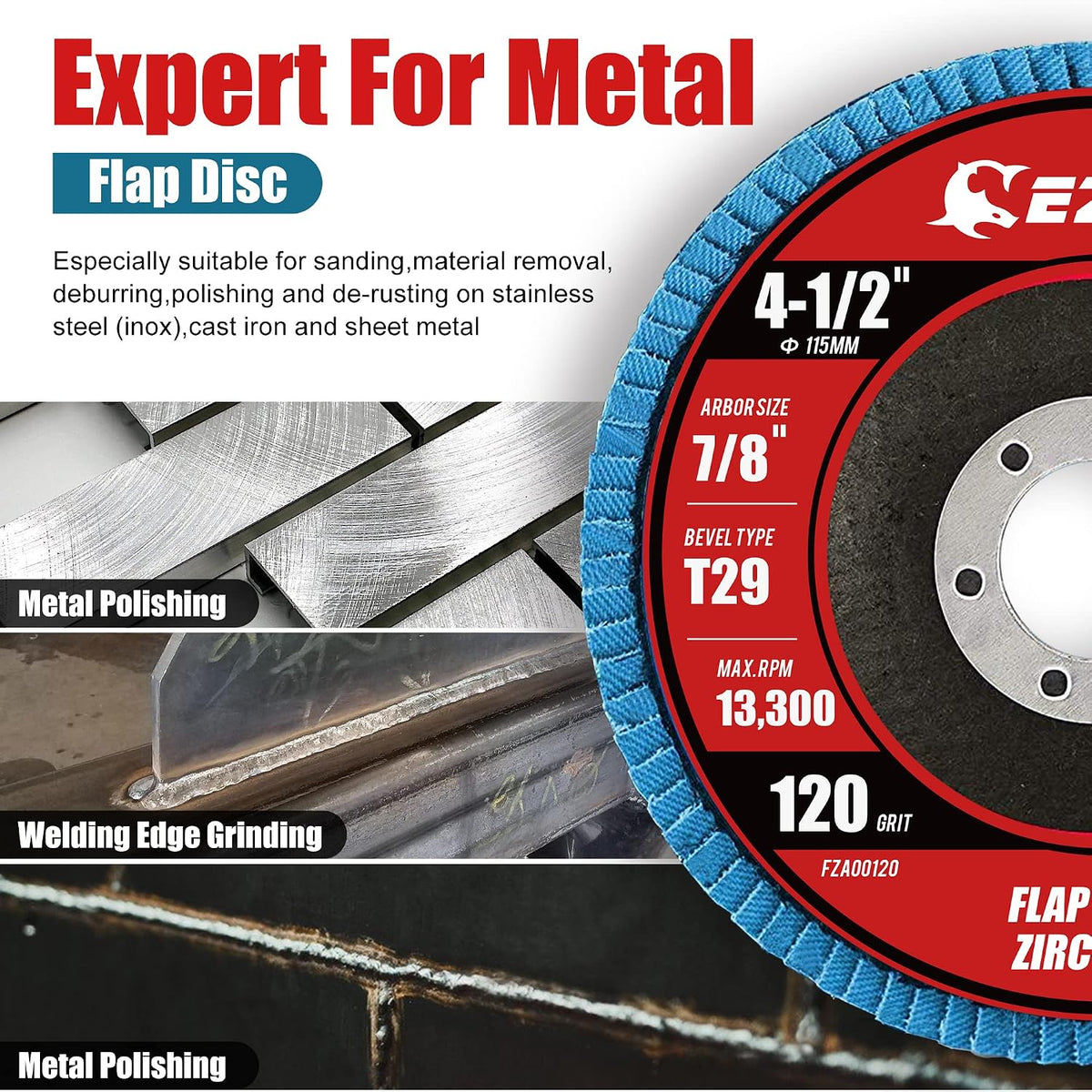 EZARC Zirconia Flap Discs 120 Grit, 4-1/2 x 7/8-Inch, Type 29, 10-Pack