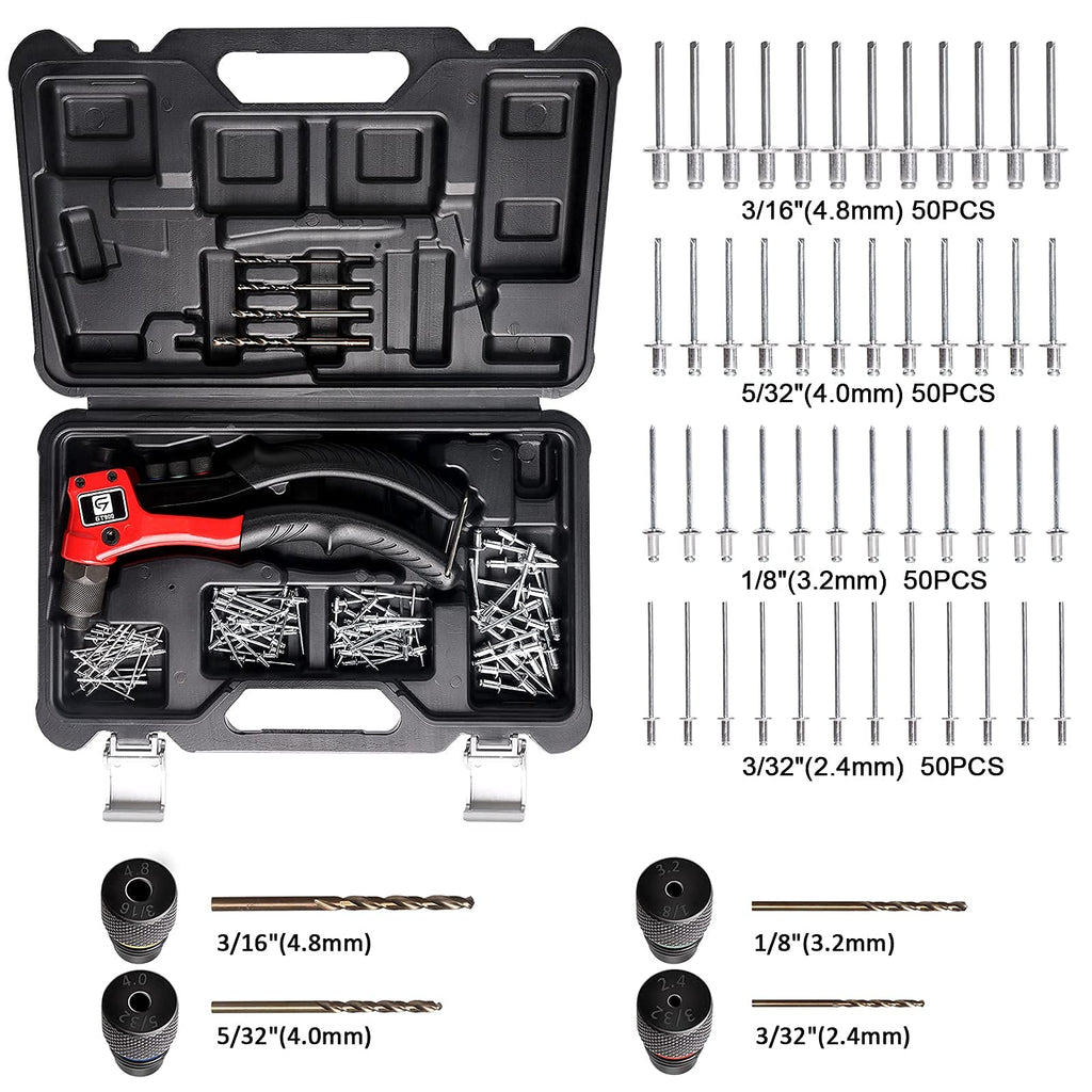 Rivet Gun Kit with 200 Pop Rivets, 4 Drill Bits and a case