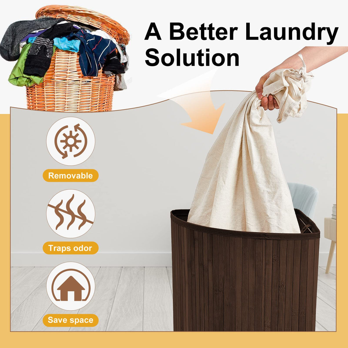Corner Bamboo Laundry Hamper with Lid, Brown, Vertical Slatted