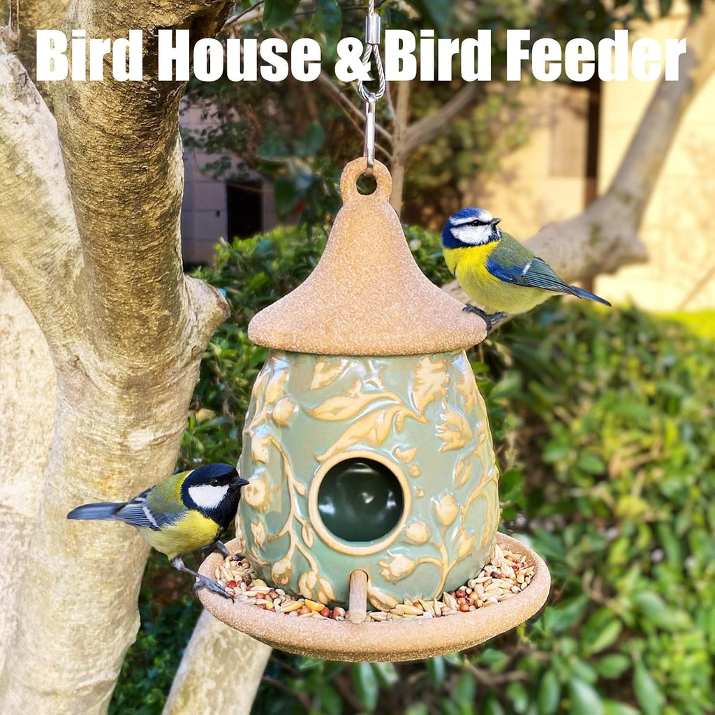 Hanging Bird Houses Ceramic Bird House Feeder with Wooden Pole for Outside Hummingbirds Cardinal Bluebird Nest