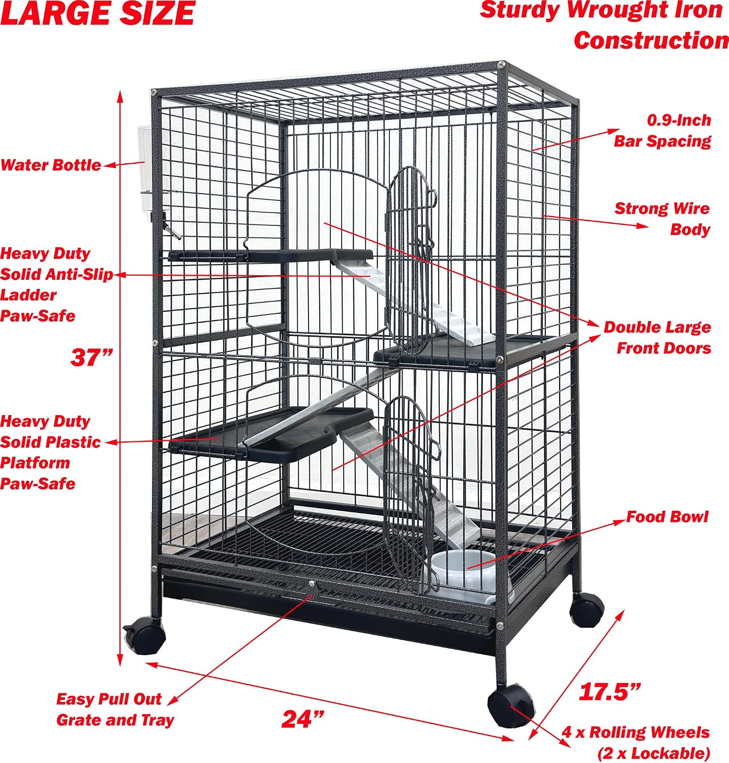 Large 37-inch 4-Levels Metal Ferret Guinea Pig Cage 2 Large Front Doors Small Animal Hutch for Squirrel Rabbit