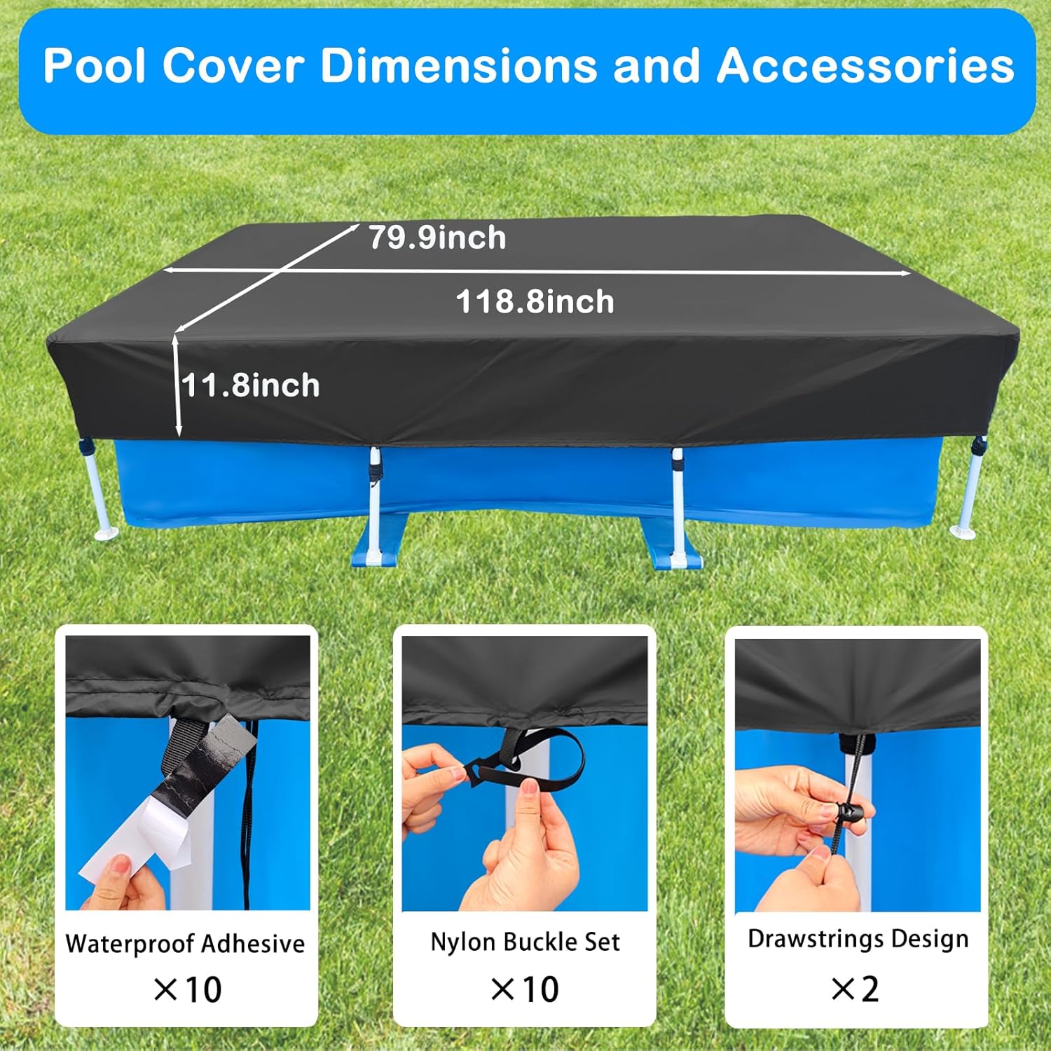 10 x 6 FT Rectangular Pool Cover 118x79 inch Rectangle Swimming Pool Covers 9.8 ft x 6.6 ft Black Pools Cover with