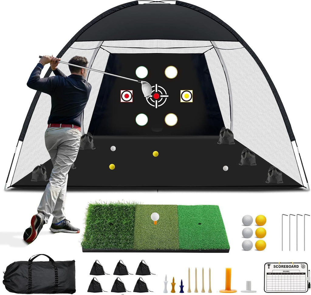 Golf Net, 10x7 Ft Practice Hitting Golf Net with Tri-Turf Mat, Ball, Tee, and Carring Bag, All-in-One Multi-Target