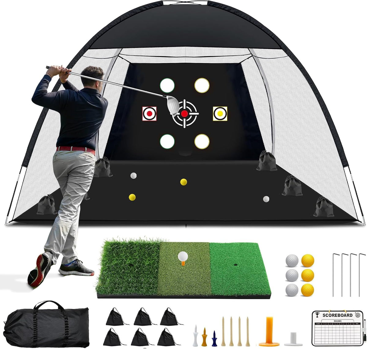 Golf Net, 10x7 Ft Practice Hitting Golf Net with Tri-Turf Mat, Ball, Tee, and Carring Bag, All-in-One Multi-Target