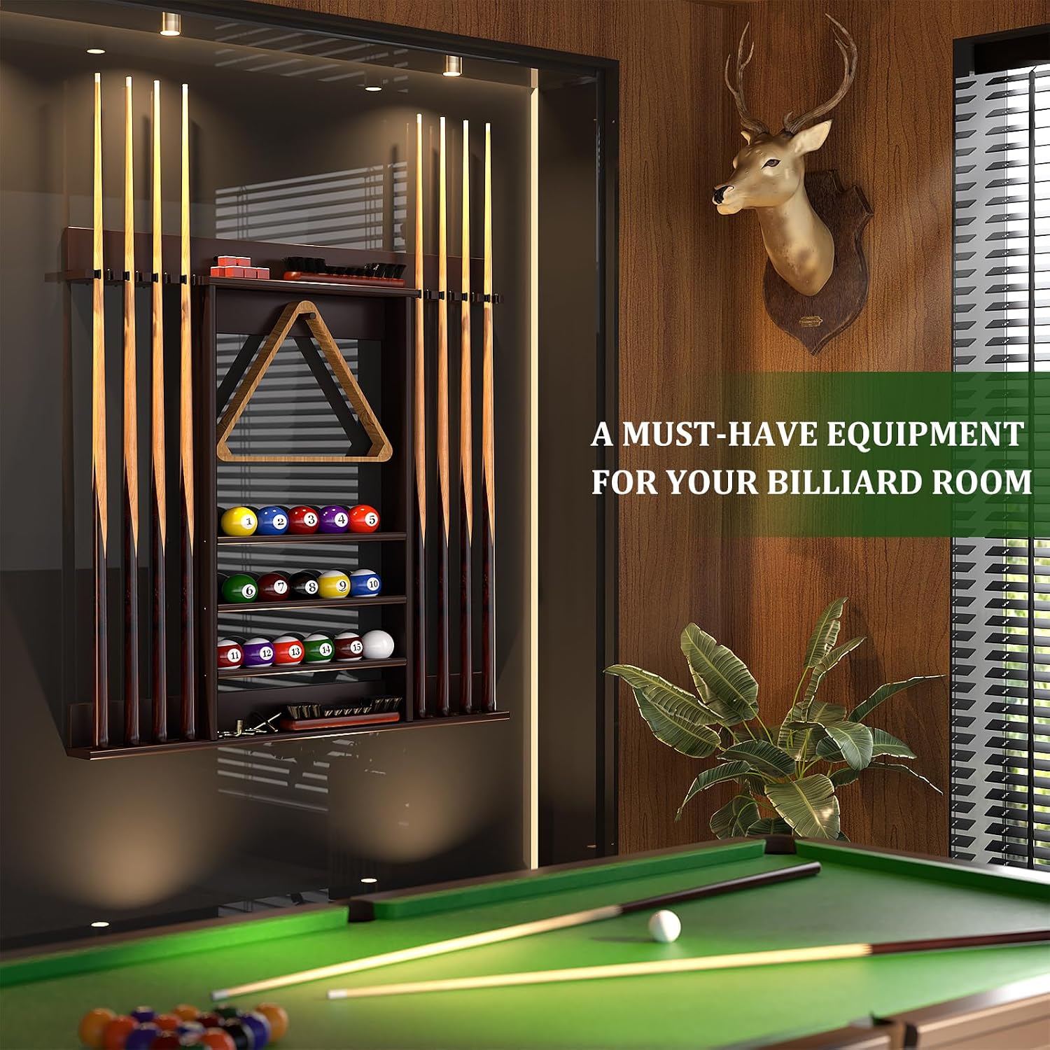 Bamboo Pool Cue Rack Wall Mounted, Billiards Sticks Holder for 8 Cues | Organizes Full Set of Balls and Pool Table