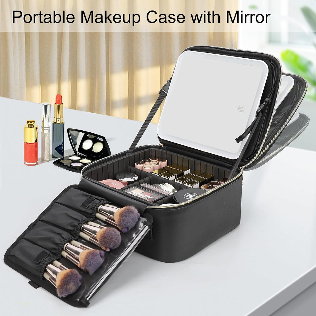 Travel Makeup Bag With LED Mirror, Cosmetic Train Case with Light up Mirror, Portable Makeup Artist Organizer Bag
