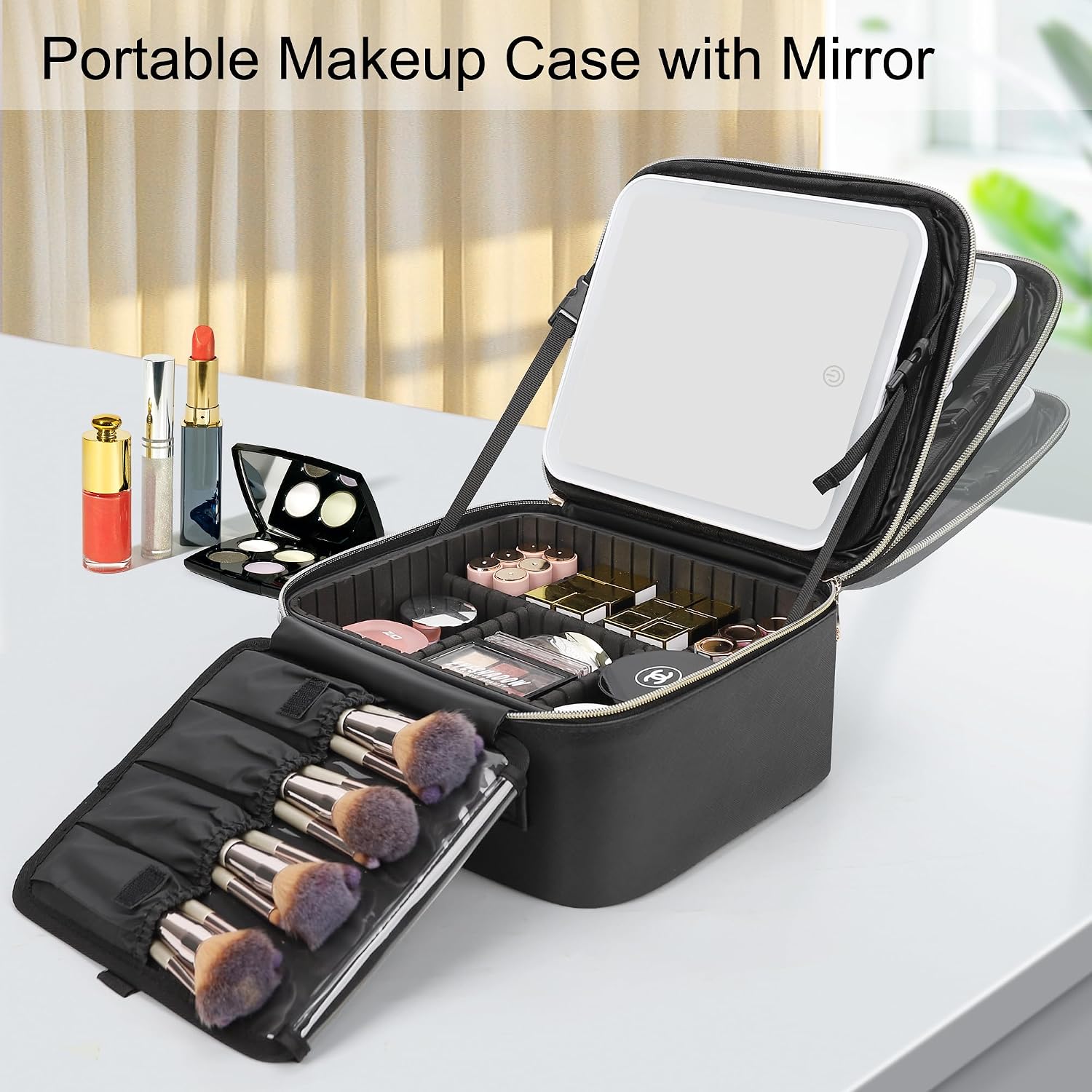 Travel Makeup Bag With LED Mirror, Cosmetic Train Case with Light up Mirror, Portable Makeup Artist Organizer Bag