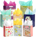 8 Pack Floral Kraft Gift Bags Assorted Sizes with Tissue Paper