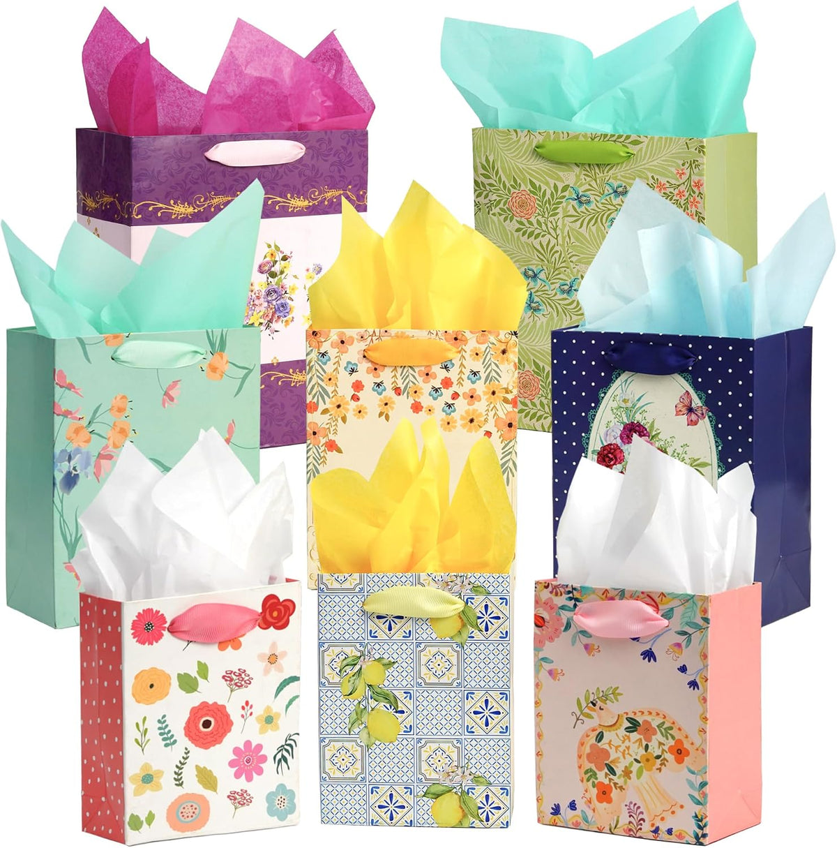 8 Pack Floral Kraft Gift Bags Assorted Sizes with Tissue Paper