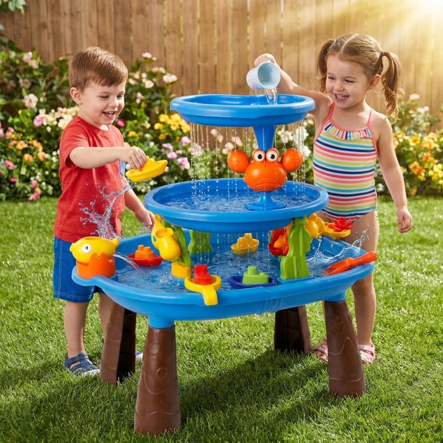 3-in-1 Sand and Water Table for Toddlers Ages 3+, Large Outdoor Sensory Play Table with Double-Layer Waterfall