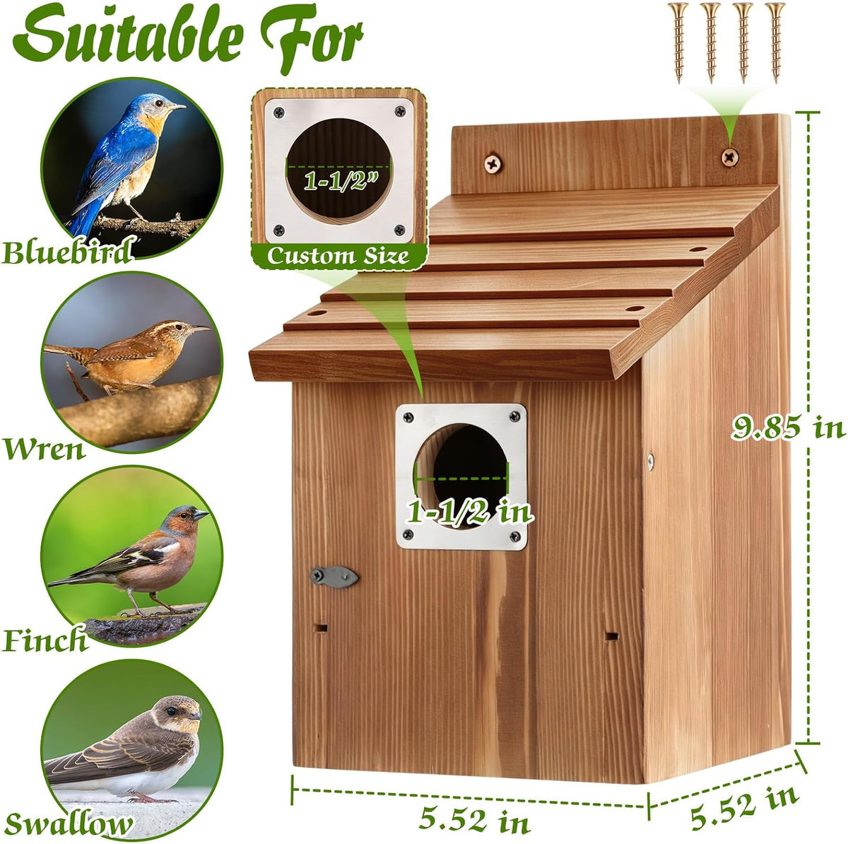 4 Pack Bluebird Houses for Outside with Metal Predator Guard, 1-1/2" Entrance Hole Wooden Blue Bird Houses for