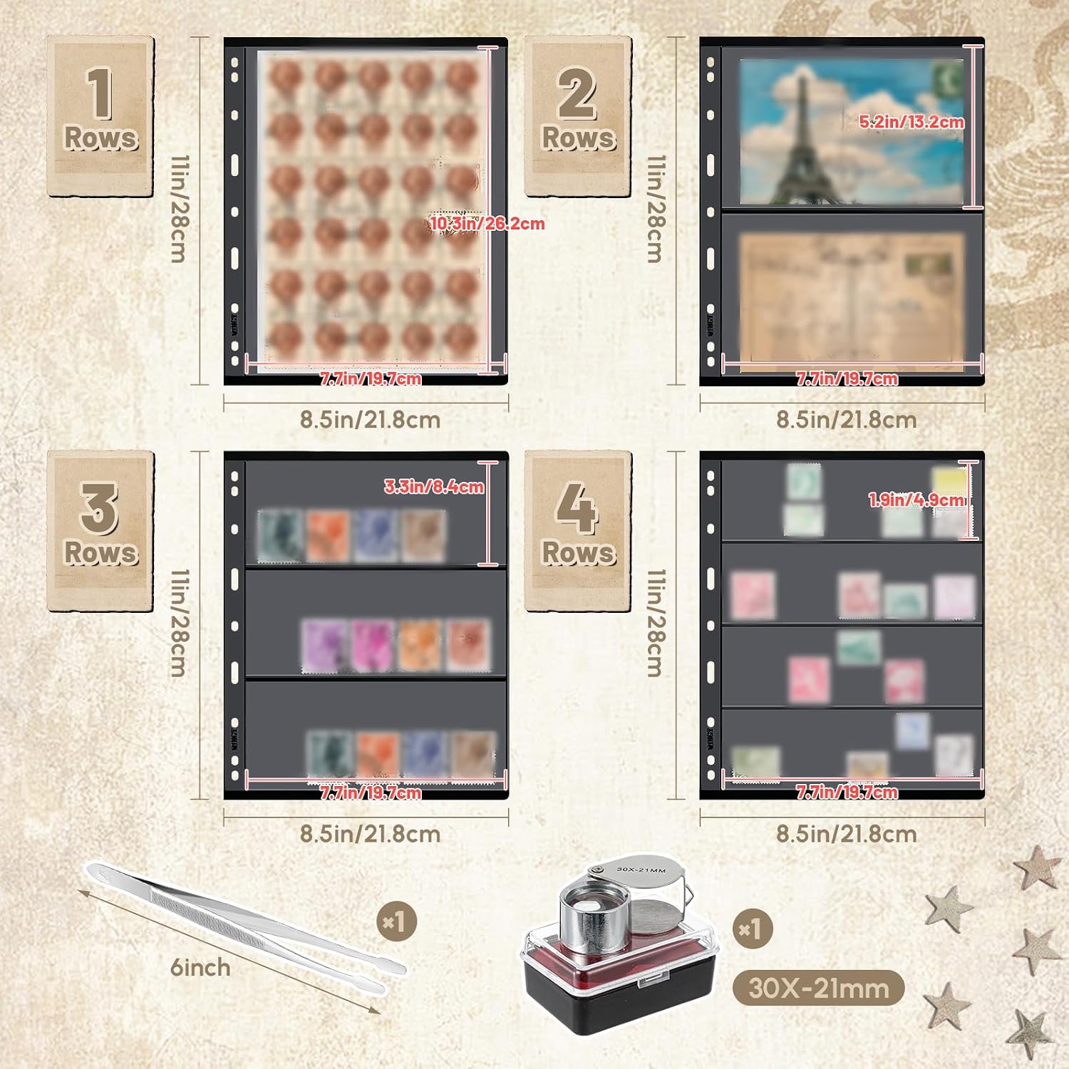 Stamp Collecting Album Binder Kit for Collectors, 1/2/3/4 Rows Banknotes Storage Book with 20 Stamp Pages, 4 Ring