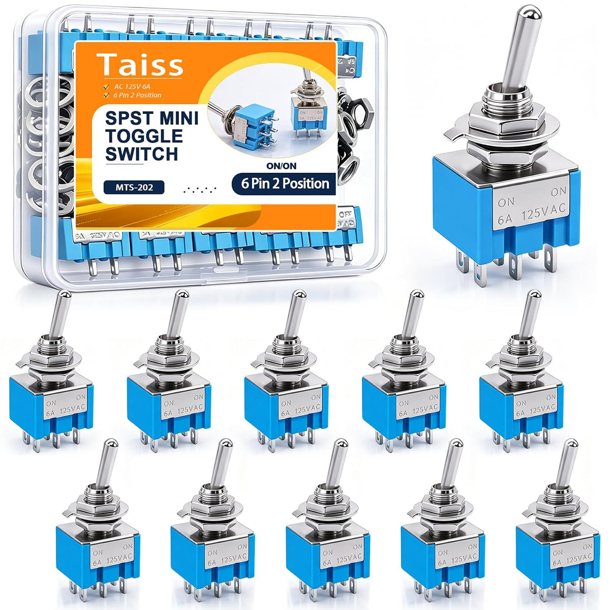 Taiss 10Pcs Mini DPDT Toggle Switch 6-Pin 2 Position ON/ON 6A 125VAC