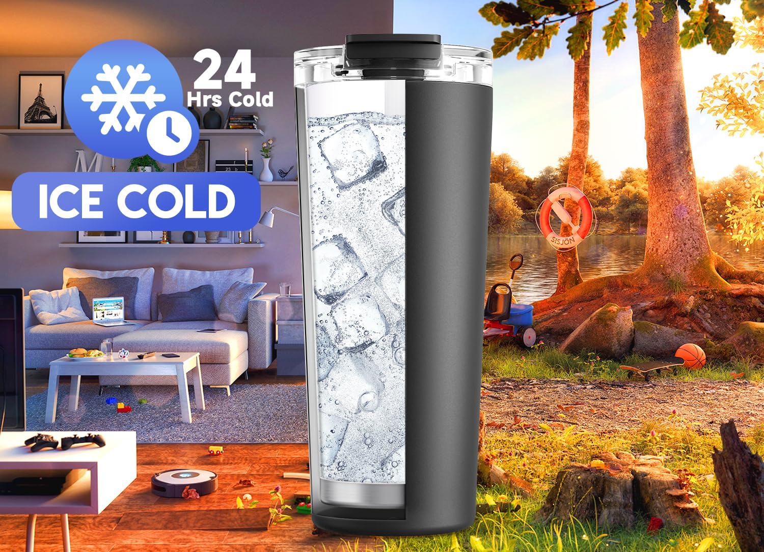 24 oz Insulated Travel Coffee Mug: Leak Proof Lid, Night | Stainless Steel Coffee Tumbler, Keeps Hot for 8 Hours or