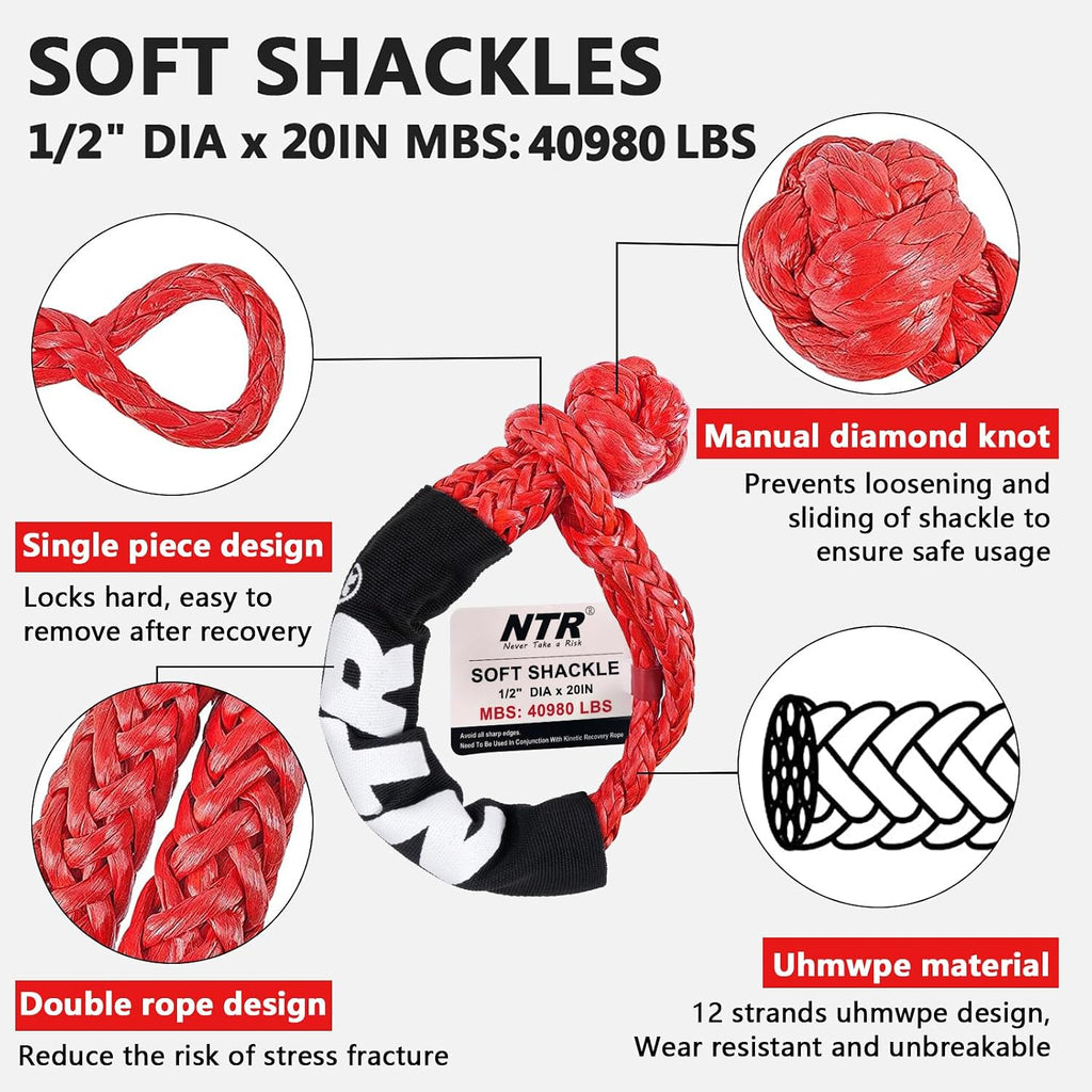 1-1/8" x 30' Kinetic Recovery Tow Rope (37,480lbs), with 2 UHMWPE Soft Shackles (40,980lbs), Heavy-Duty Offroad