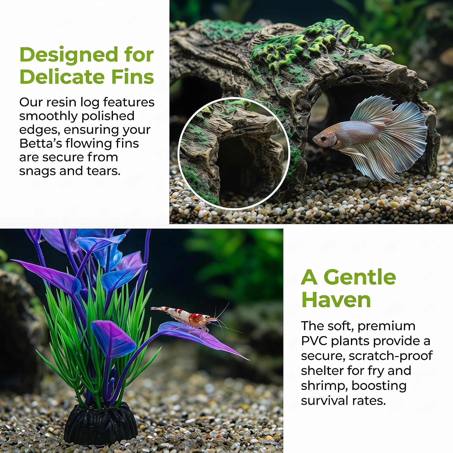 Resin Hollow Tree Trunk Betta Log Cave 1pcs with Aquarium Plants x 8pcs - Fish Tank Decorations for Betta Fish, Small