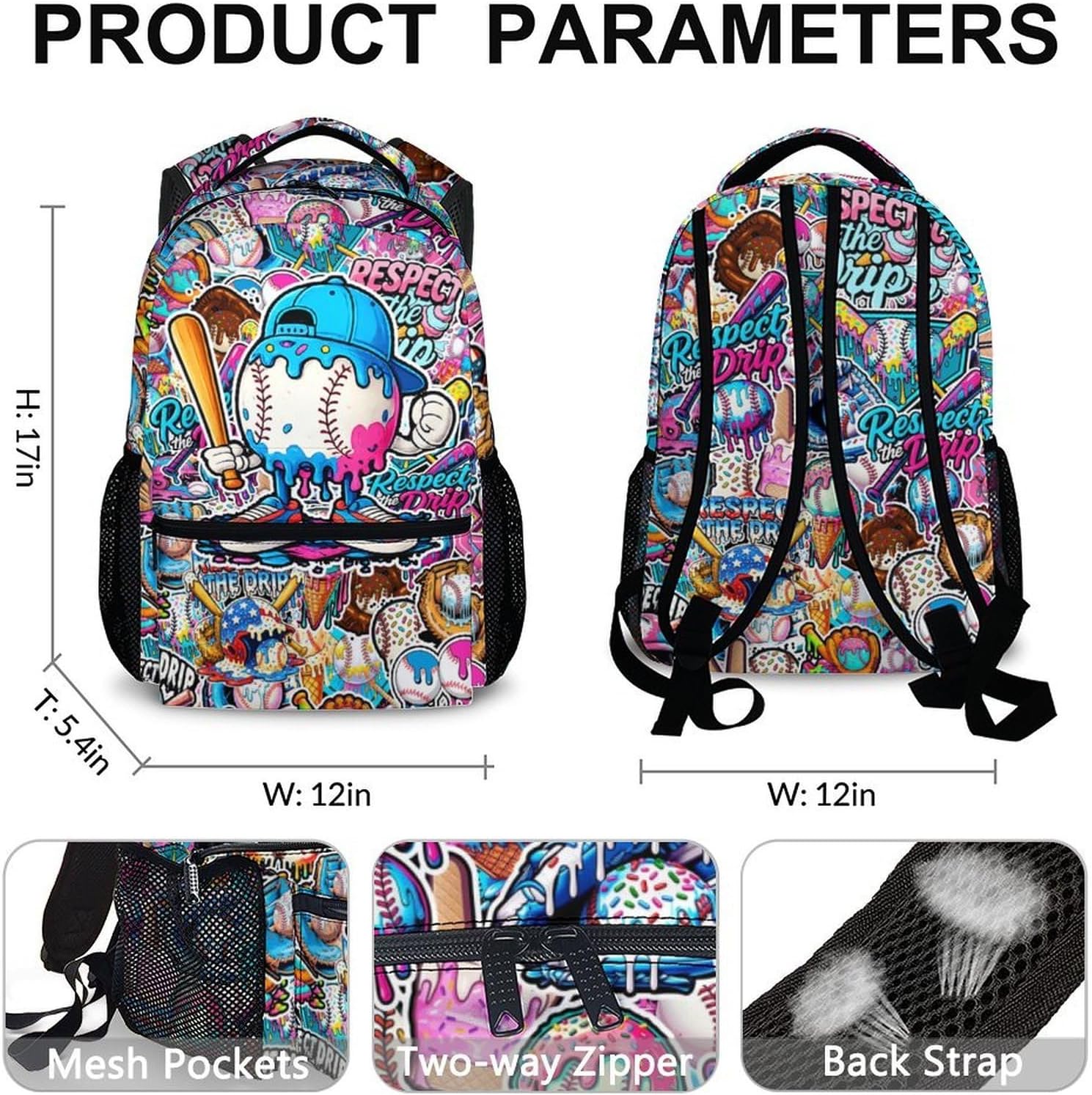 Kids Backpack for Boys Baseball Drip Backpacks for Kids Teens Team, Lightweight Large Capacity Cool Back to School