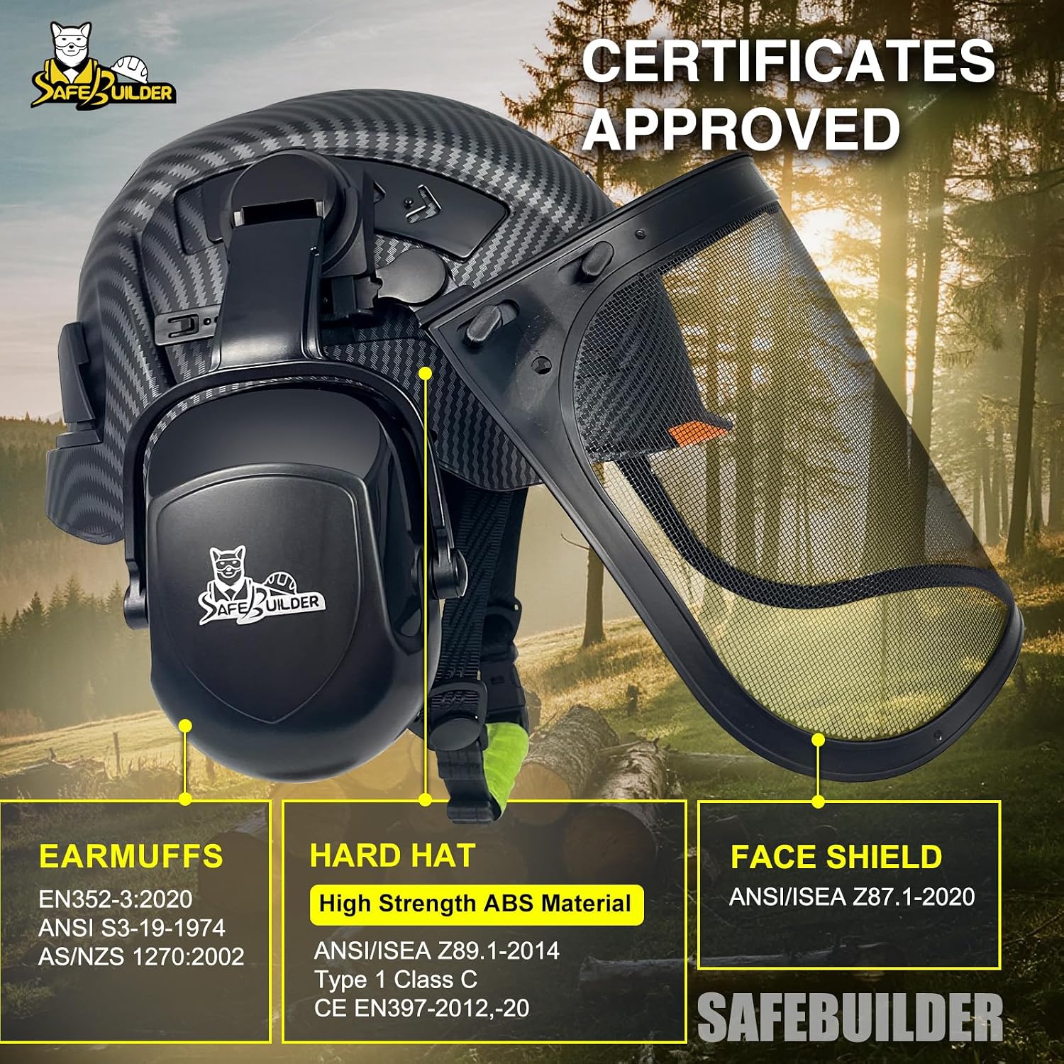 CR99 Forestry Safety Helmet Class C Hard Hats 3 In1 Chainsaw Arborist Helmet with Mesh Face Shield Ear Muffs Hearing