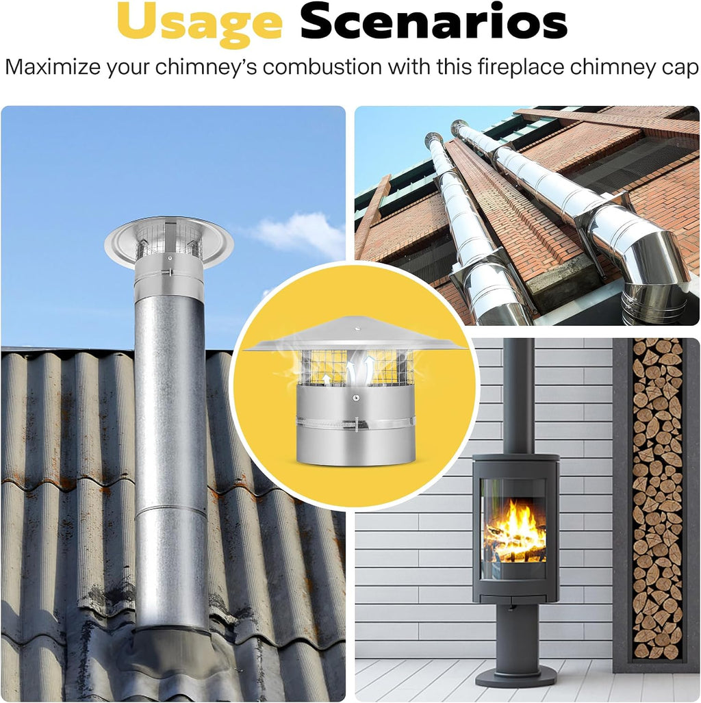 6" Cone Top Chimney Cap with Screen, Round Roof Rain Chimney Cover, Galvanized Steel Fireplace Exhaust Cap
