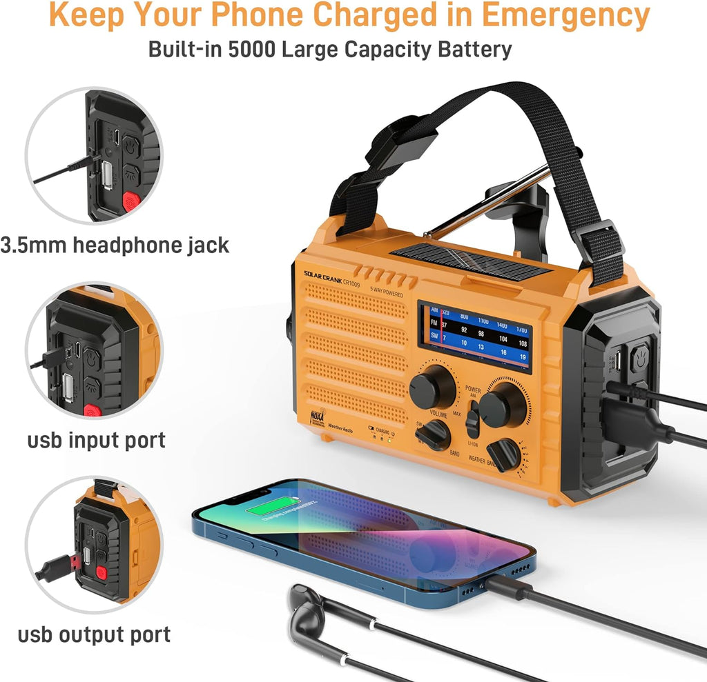 Emergency Radio with NOAA Weather Alert, 5000mAh Solar Hand Crank Portable AM/FM Shortwave Radio, Rechargeable