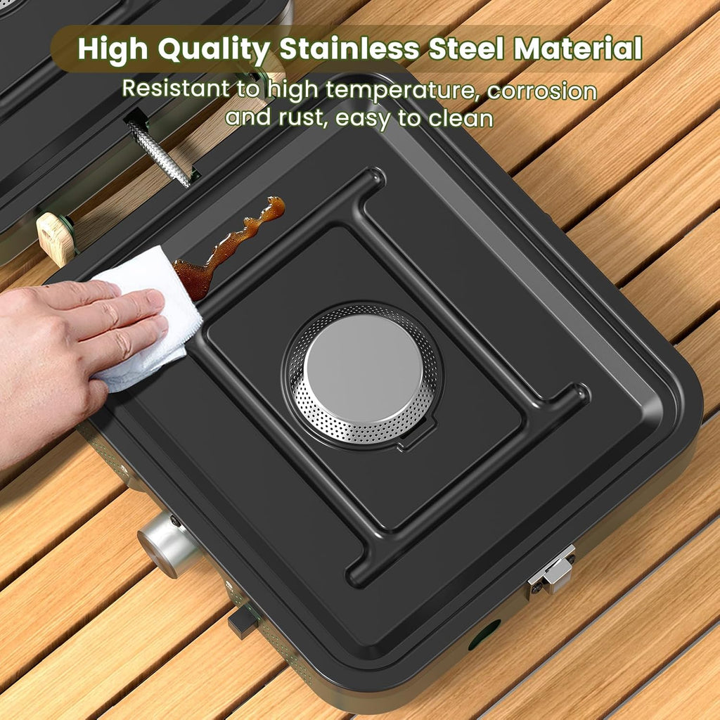 2-Burner Foldable Camping Stove with Griddle (Textured & Smooth) and Carrying Bag, Portable Propane Camp Stove with 2