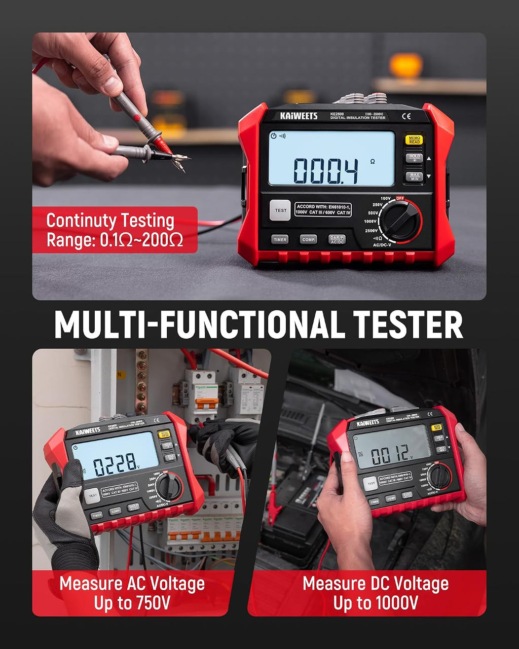 KAIWEETS Megohmmeter Insulation Tester 0.1MΩ-200GΩ 2500V DAR/PI Ohm Meter