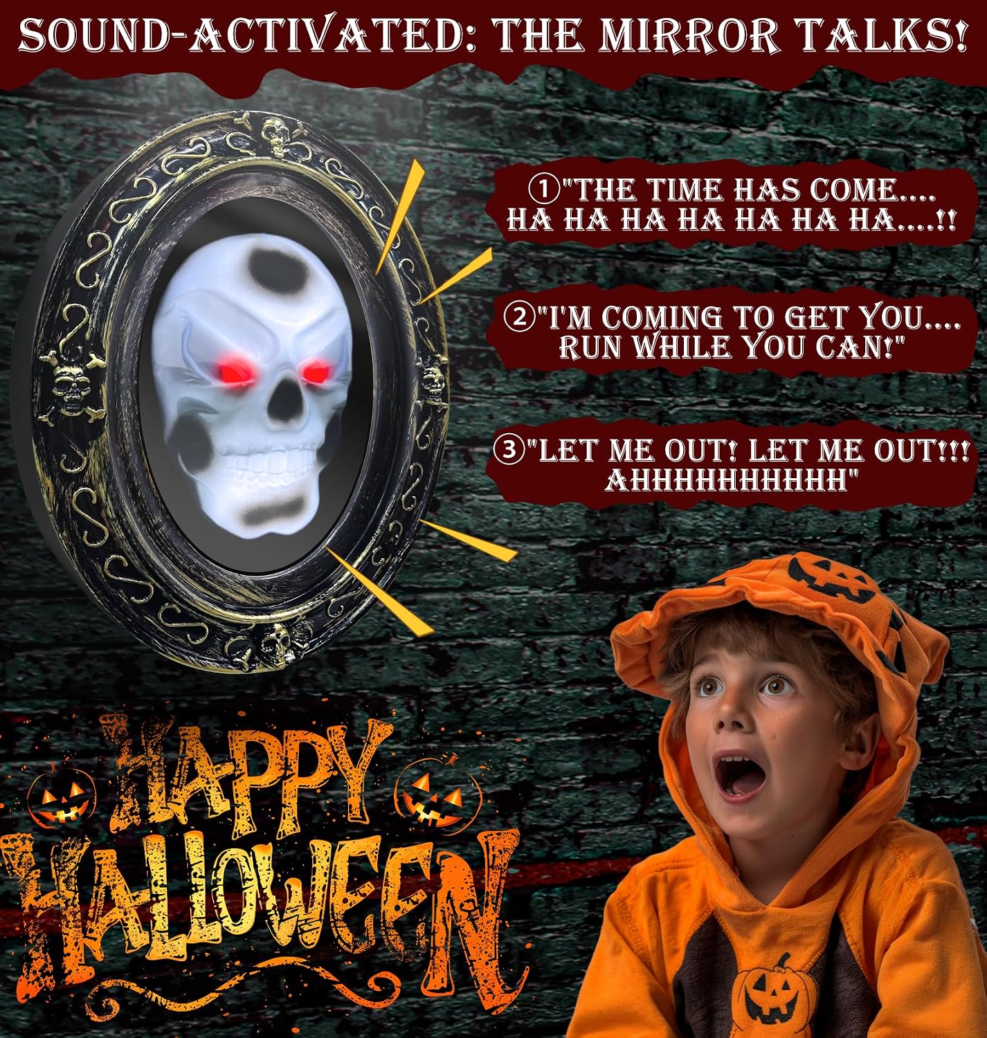 [ Motion Activated & Light Sensor Design ] Halloween Animatronic Talking Haunted Mirror with Creepy Sound and Light