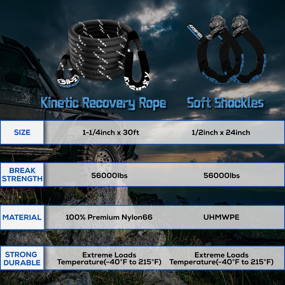 Kinetic Recovery Rope Kit (Reflective), 1.25in x 30ft 56,000Lbs, 35% High Elasticity, w/ 2 Soft Shackles, 18,666Lbs