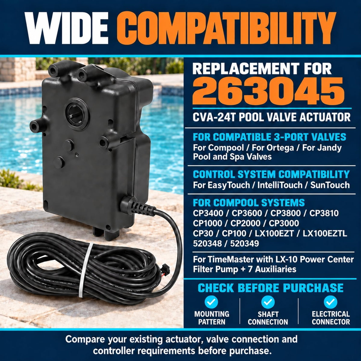 Replace for 263045 CVA-24T Pool Valve Actuator For 3‑Port Valves 24 Volt AC