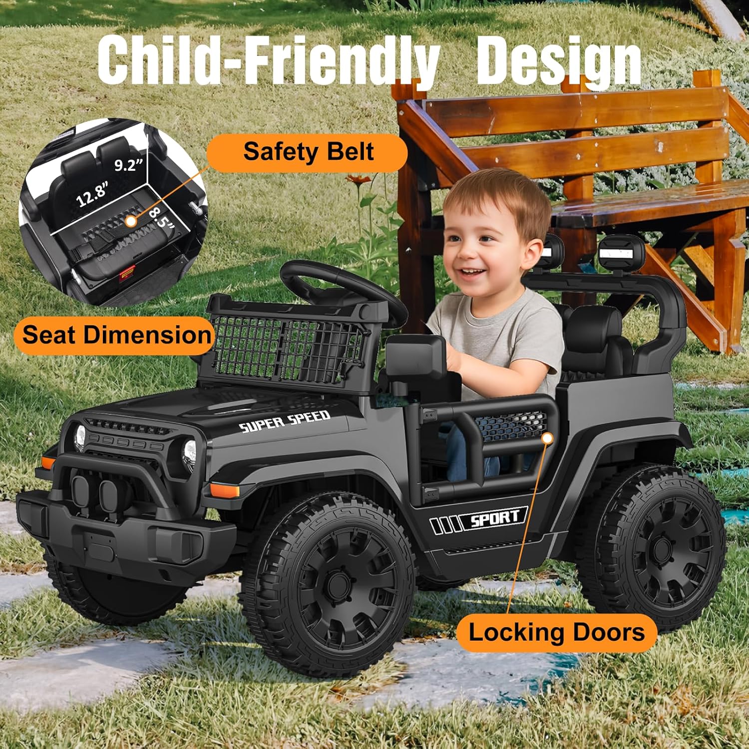 12V Ride on Car with Parent Remote Control, Toddler Electric Car with Spring Suspension, LED Lights & Music Player