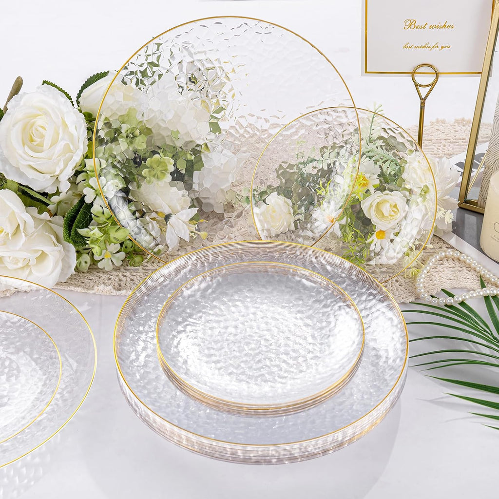 175 Pcs Plastic Dinnerware Set (25 Guests), Clear And Gold Plastic Plates, Hammered Party Plates Include Dinner