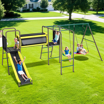 660lbs Swing Set with Slide,Crawl Tunnel and Monkey Bars for Backyard,5 in 1 Metal Swingset Outdoor for Kids Aged