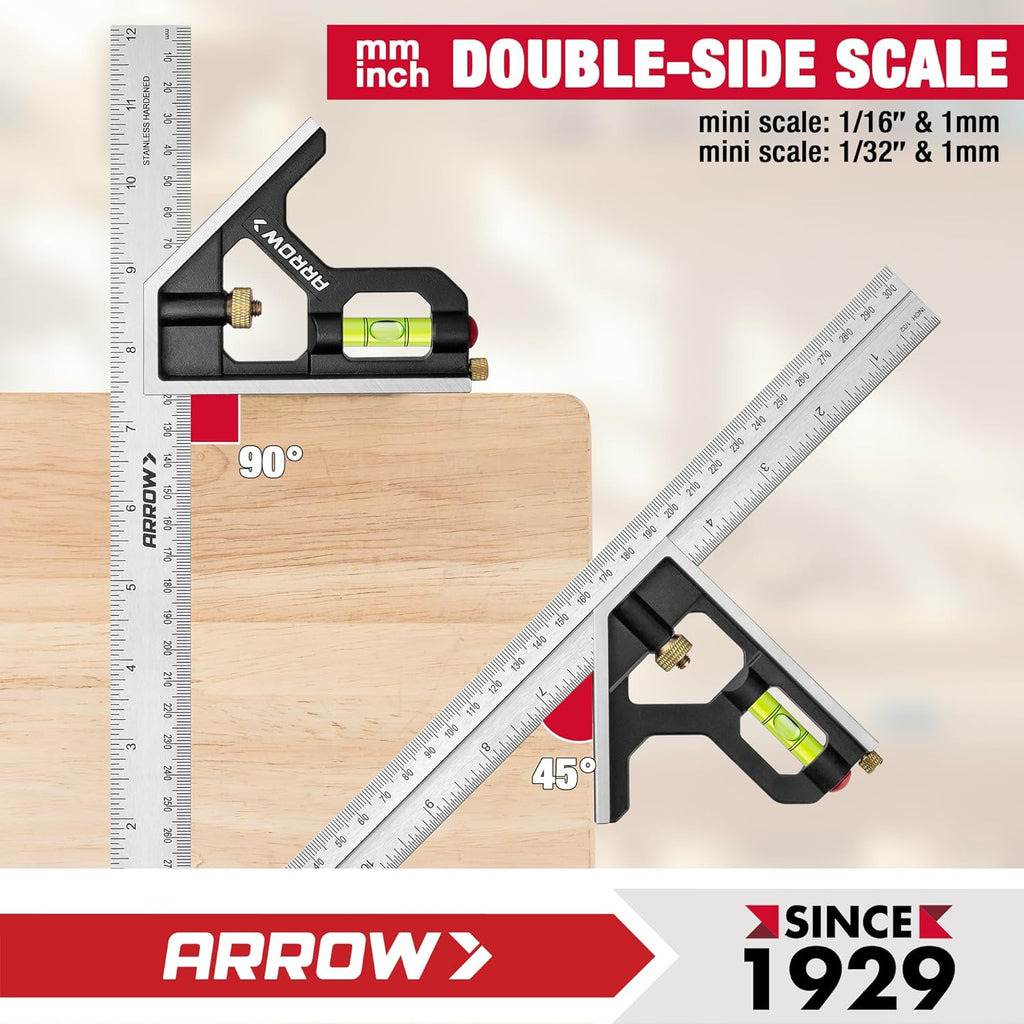 Arrow Combination Square, 12-Inch Combo Square with Bubble Level | Stainless Steel Ruler, Zinc Alloy Body, Carpenter