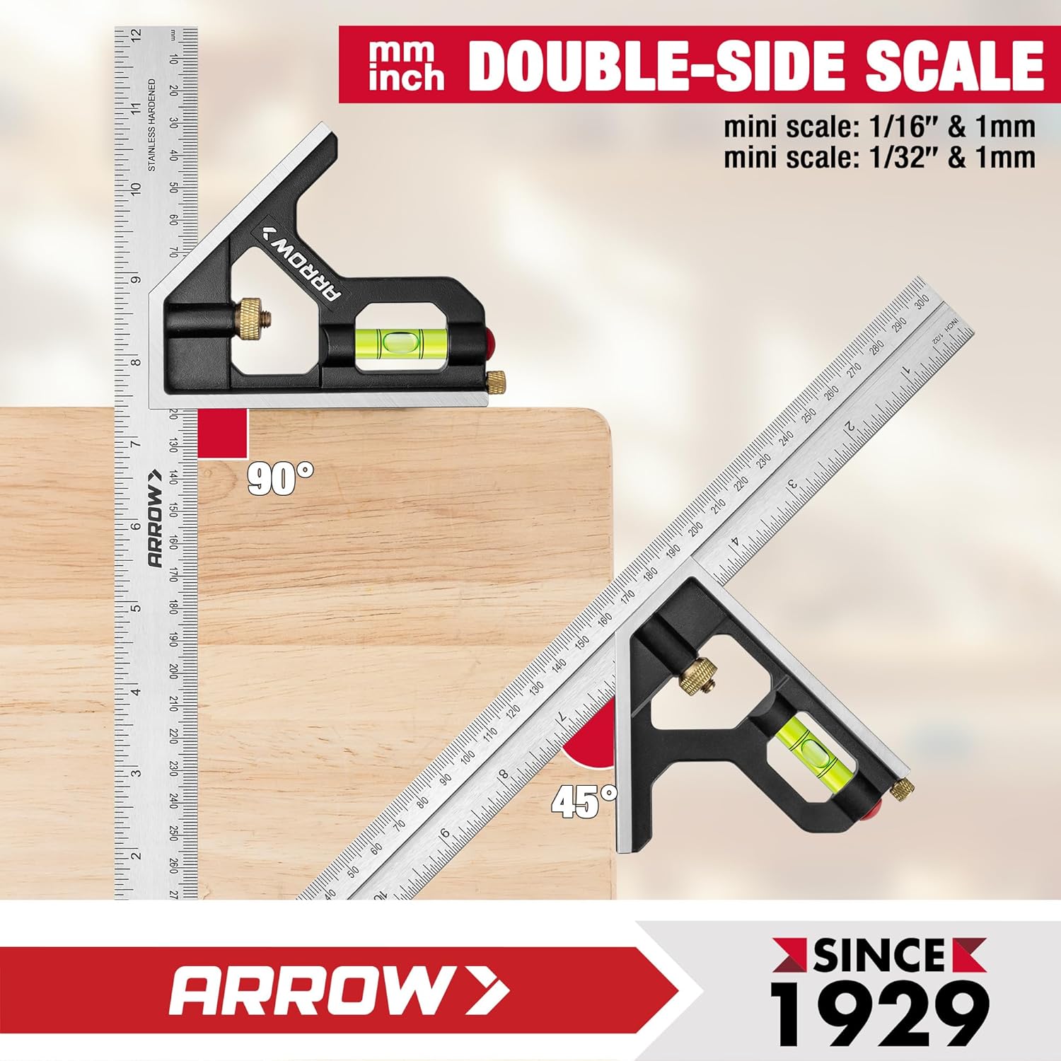 Arrow Combination Square, 12-Inch Combo Square with Bubble Level | Stainless Steel Ruler, Zinc Alloy Body, Carpenter