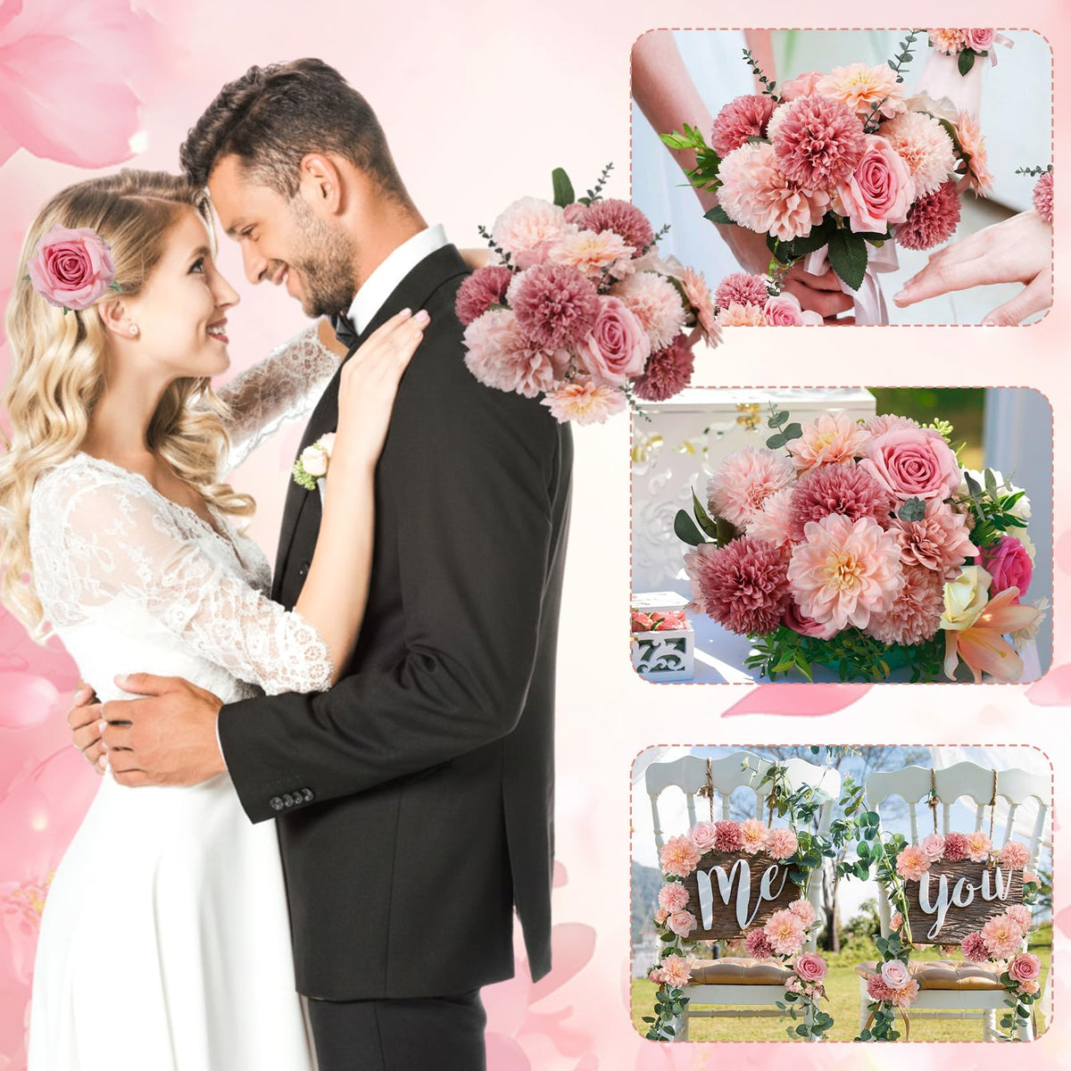 98pcs Artificial Flowers with Stems, Pink Color