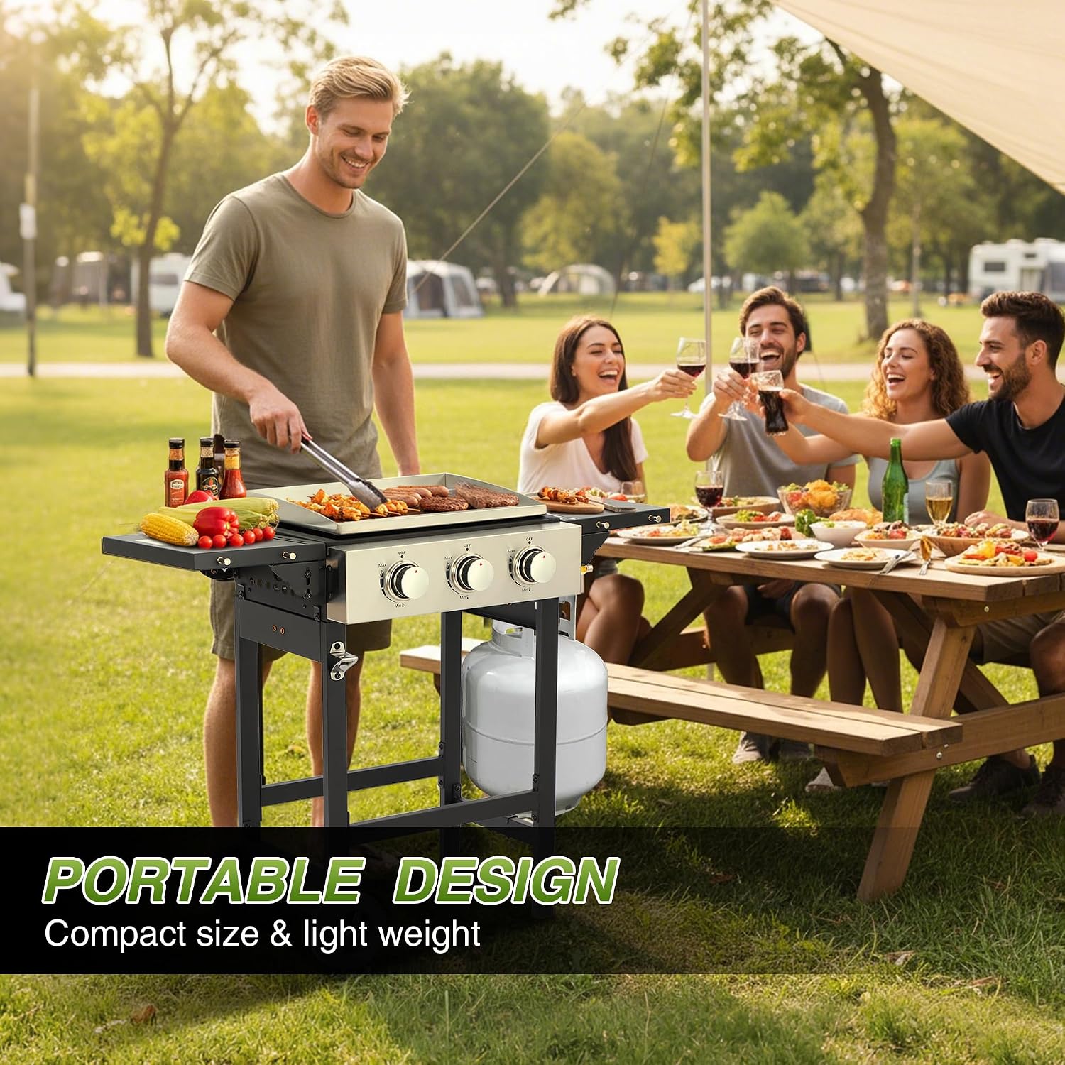 Portable Flat Top Grill with Folding Tabletop Design & Integrated Cart - Propane Griddle for Outdoor Cooking