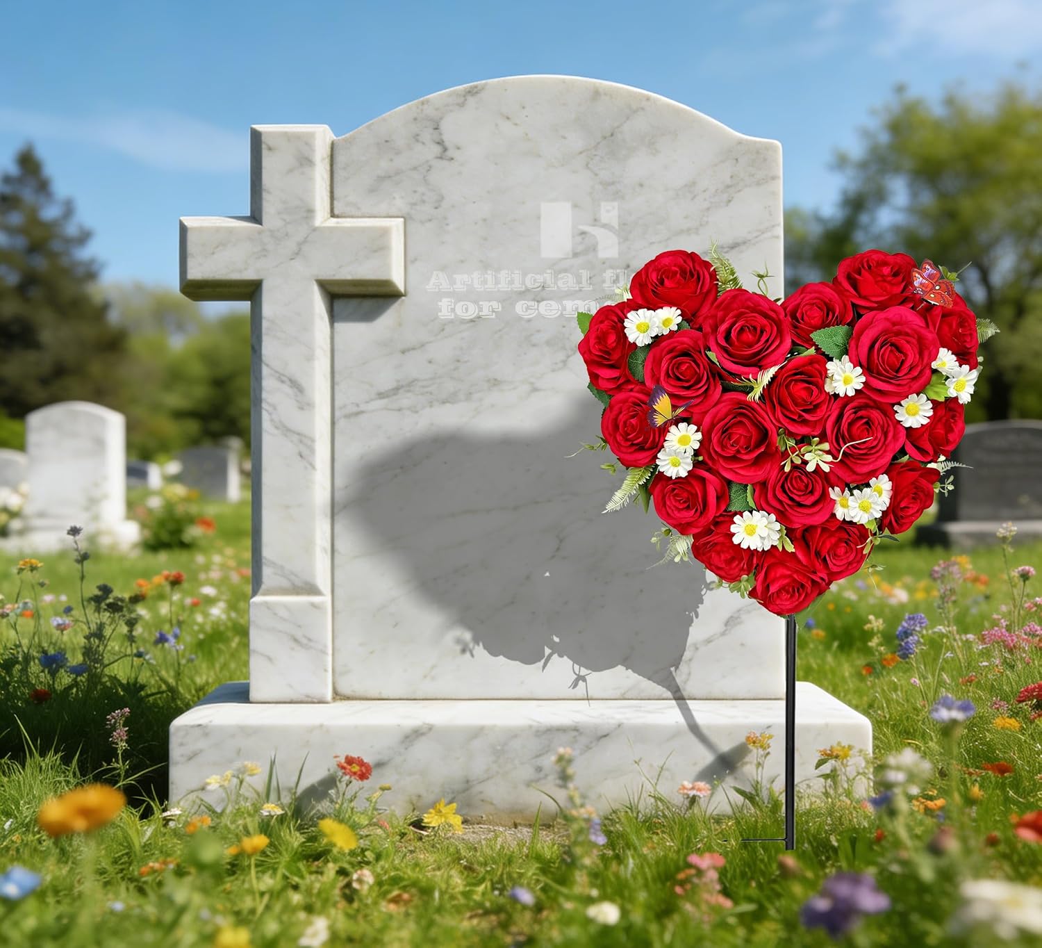 Artificial Cemetery Flowers, Grave Memorial Flowers with Ground Spike,Heart Shaped Wreaths Rose Daisy for Gravesites