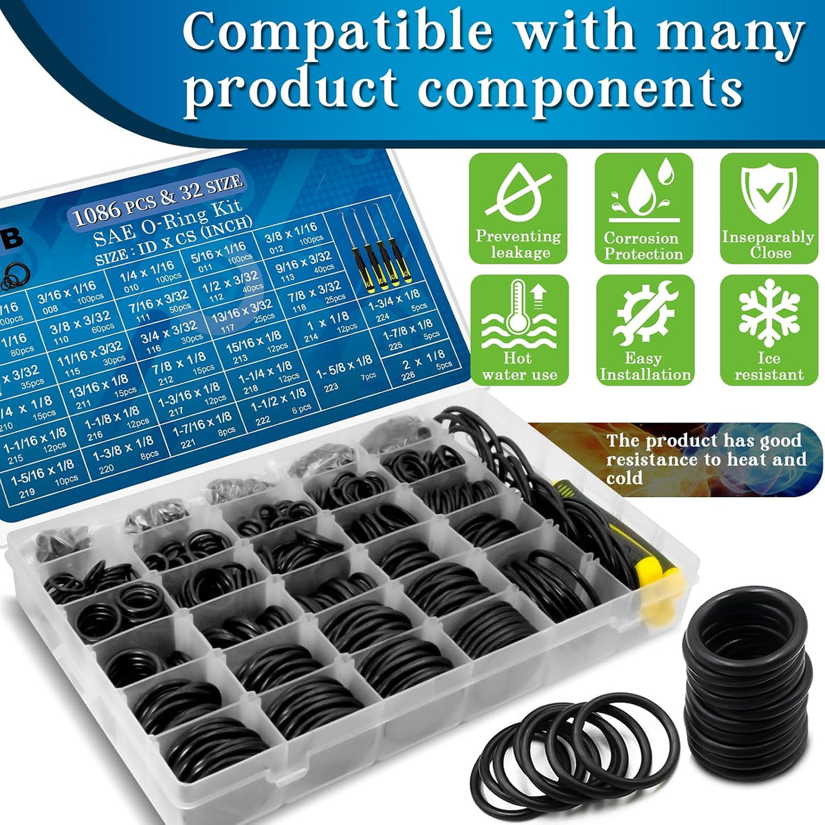 ZDBB 1086 Pcs SAE Standard O Ring Kit Nitrile Rubber O-Rings Assortment