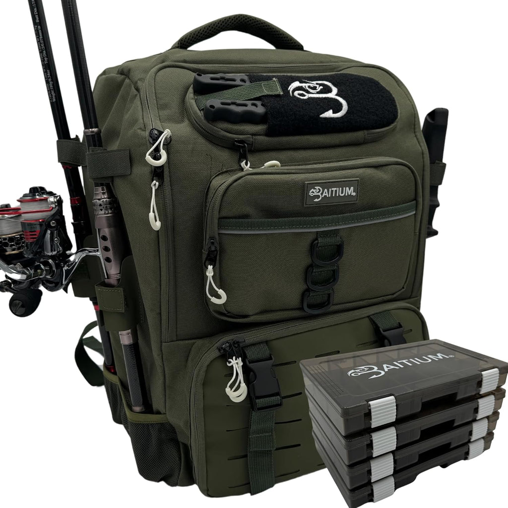Fishing Backpack, Tackle Bag With Rod Holders, 40L Capacity With Cooler, Rain Cover, Insulated Pocket, 4 Tackle Trays