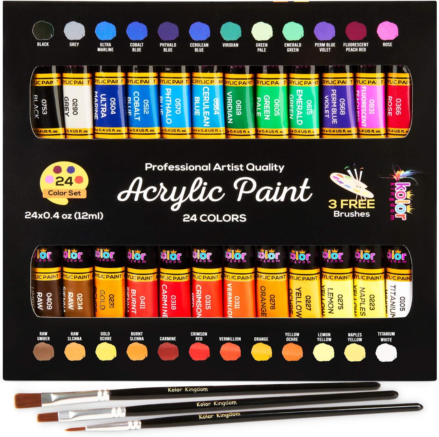 Acrylic Paint Set Canvas Art Paints 24 Colors Perfect Paint Finish (0.41oz,12 ml) With 3 Brushes - Painting Canvas