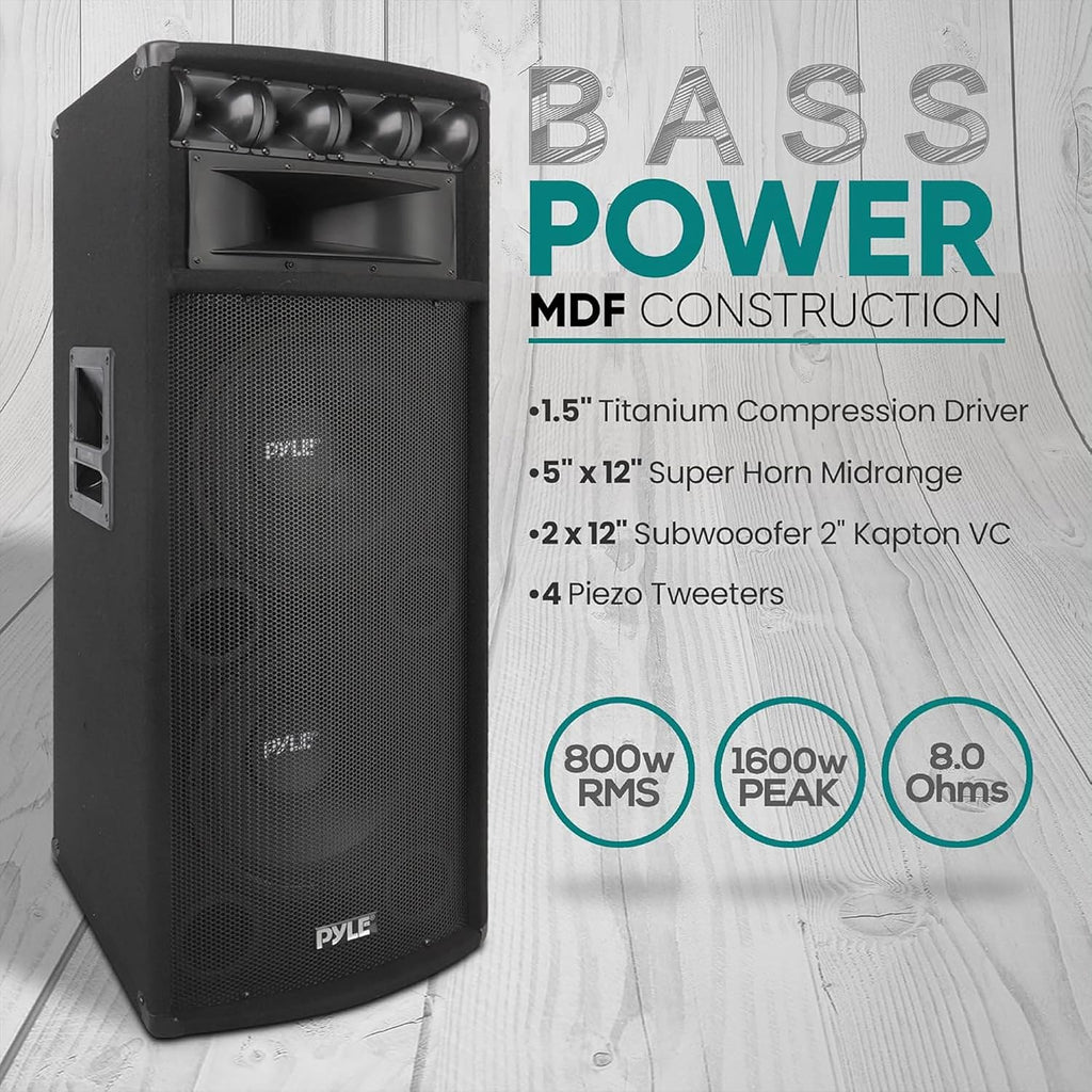 Portable Cabinet PA Speaker System - 1600 Watt Outdoor Stereo Sound Speakers w/ Dual 12" Woofers, 3.4" Piezo