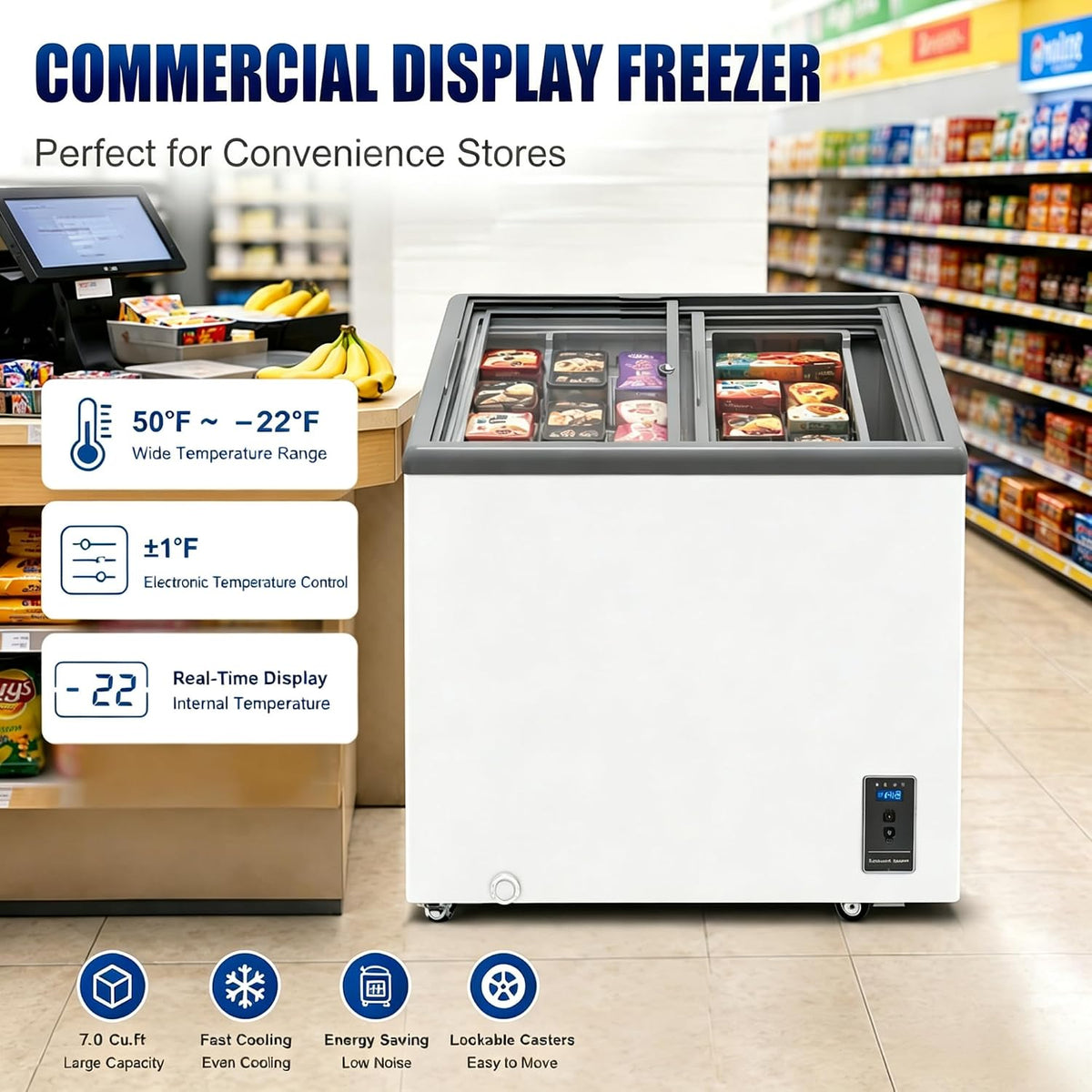 7.0Cu.Ft Inverter Flat‑Top commmercial Ice Cream Display Freezer DOE Listed