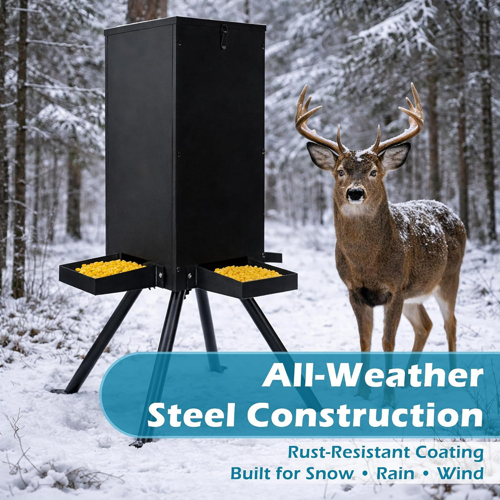 Deer Feeder 60-70 lbs, Weatherproof Deer Feeders, Heavy Duty Metal Gravity Deer Feeder with 4 Feeding Tray and 4-Leg